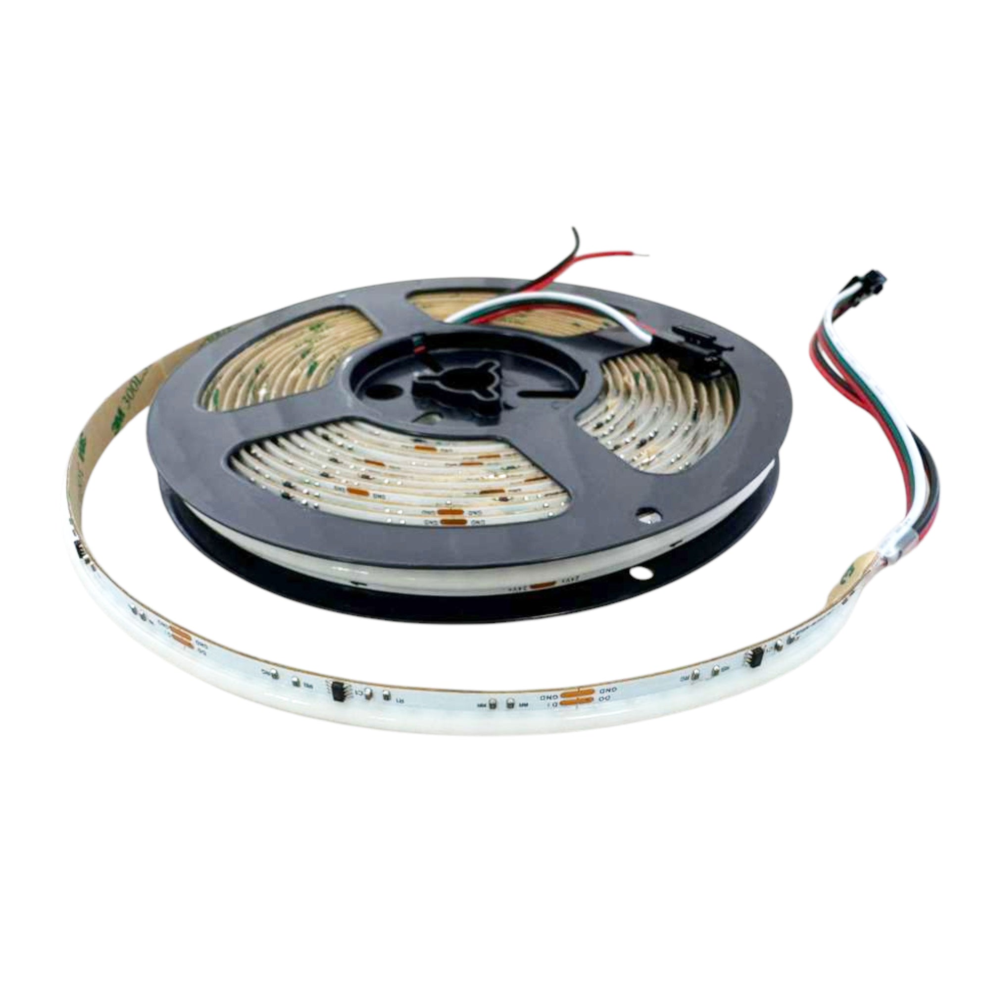 UL listed COB IC RGB LED strip light 24V 10mm IP20 showing addressable RGB strip on reel with signal and power wires
