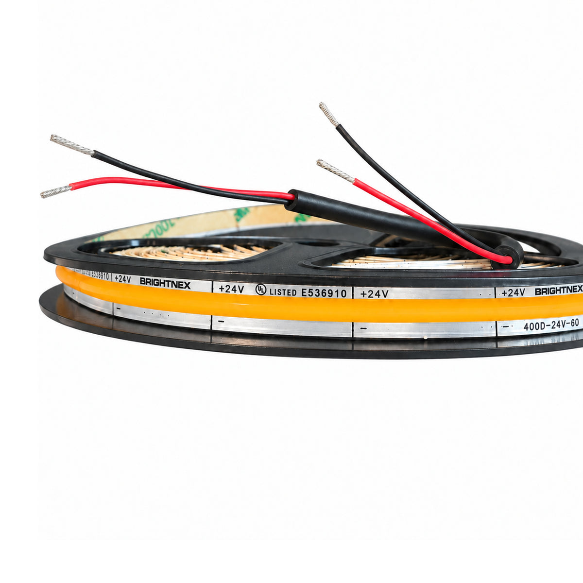 UL listed COB LED strip light 24V 6.5mm indoor showing LED strip reel with power connection wires for installation