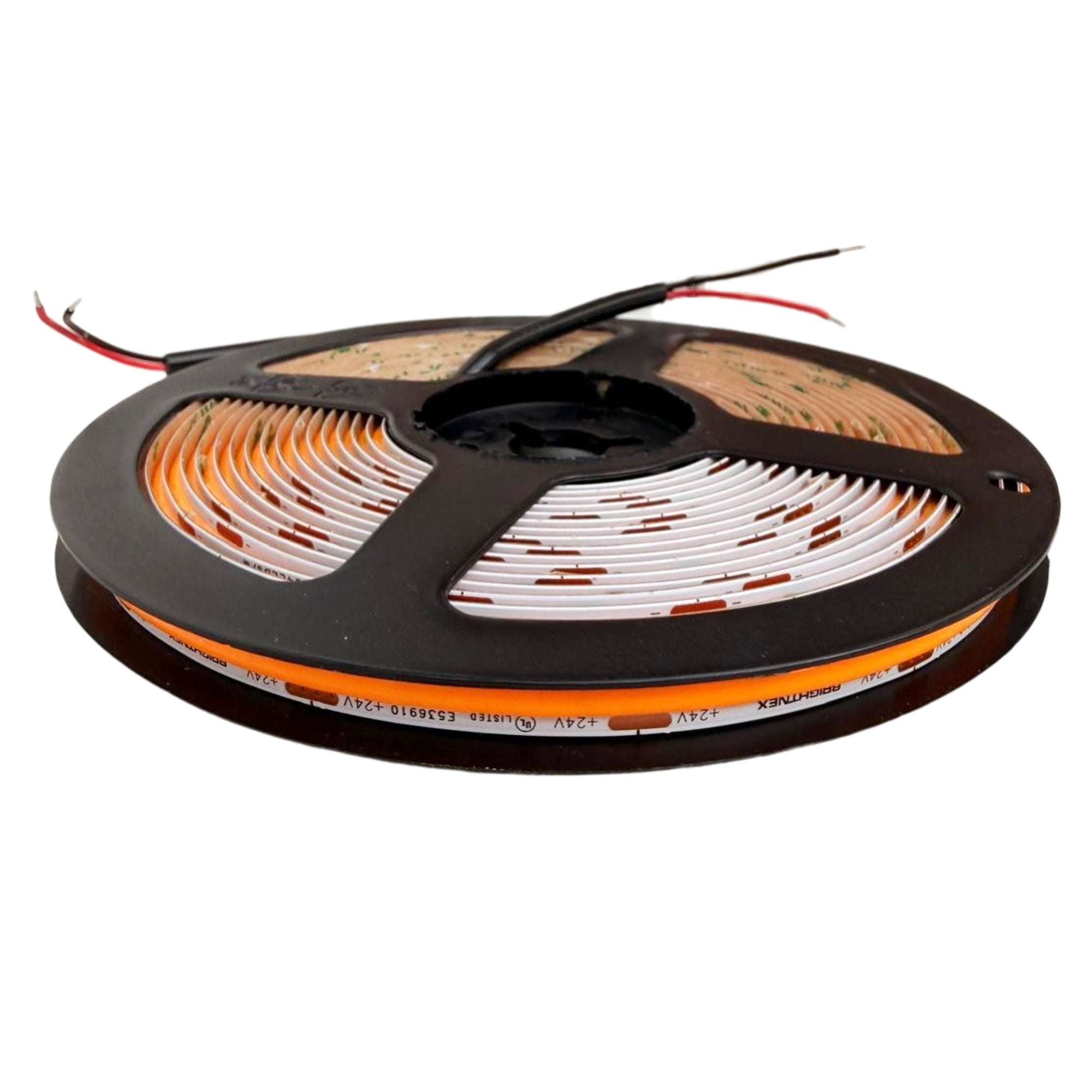 UL listed COB LED strip light 24V 8mm 1800K golden yellow showing LED strip reel with power wires for indoor lighting installation