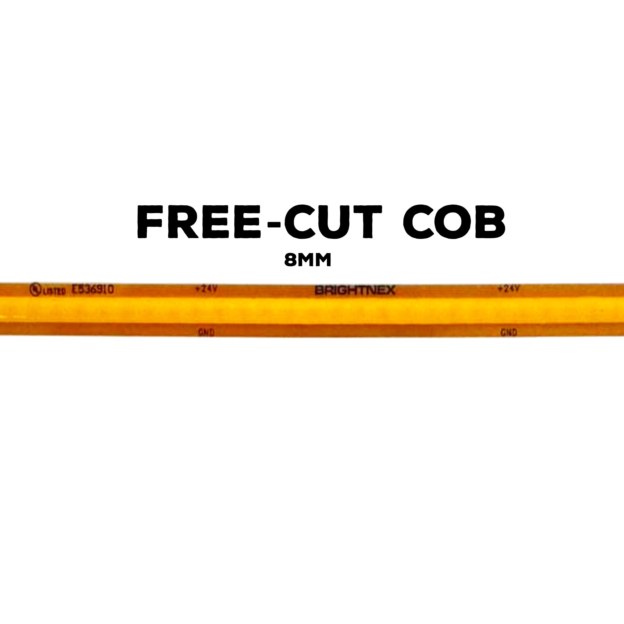 UL listed free cut COB LED strip light 24V 8mm indoor showing Brightnex PCB marking and COB continuous LED surface