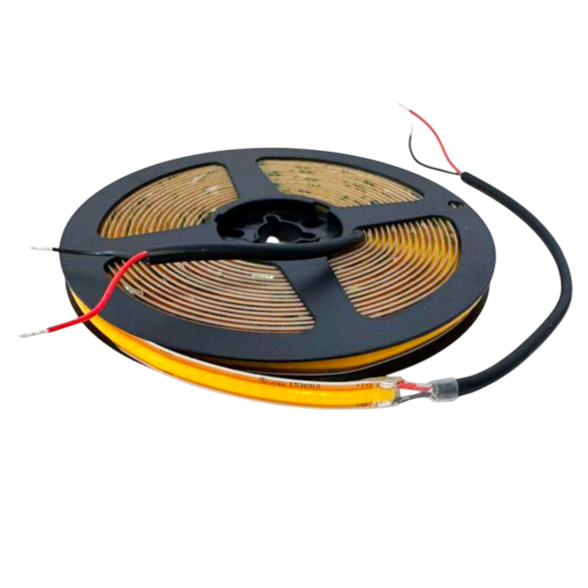 UL listed free cut COB LED strip light 24V 8mm indoor showing LED strip reel with power wires for installation