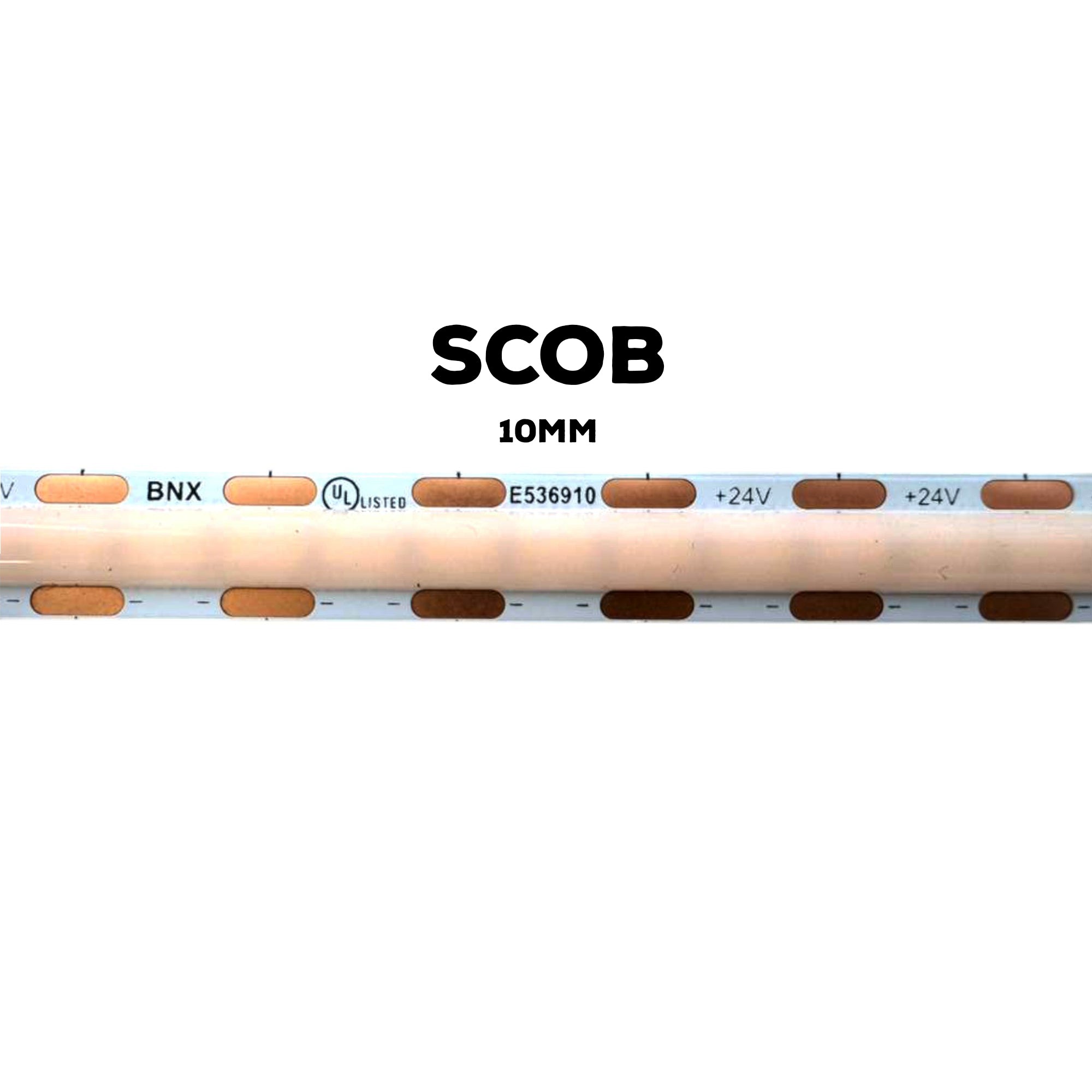 UL listed SCOB LED strip light 24V 10mm IP20 showing BNX PCB marking UL certification and strip width detail for indoor use