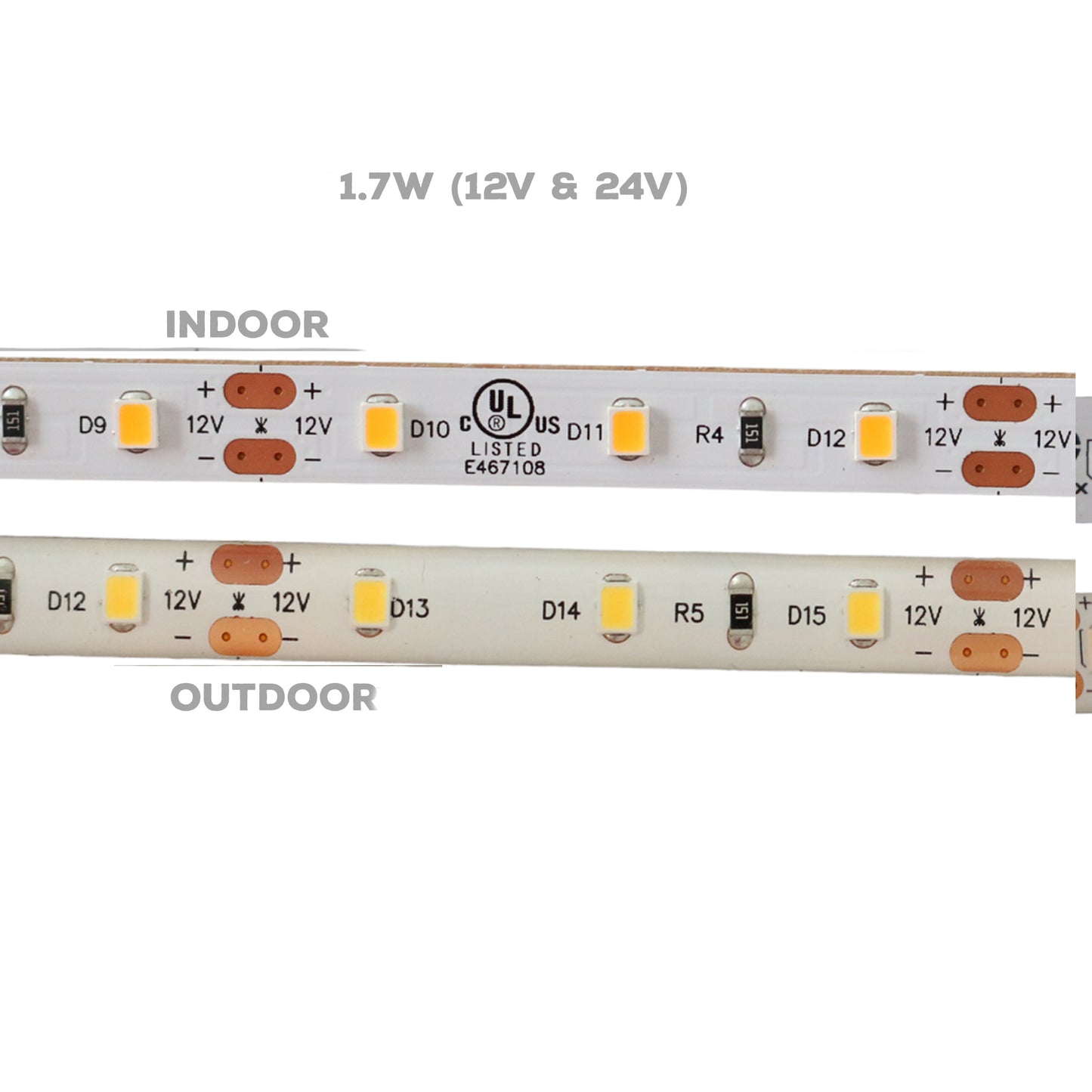 Dimmable Single Color LED Strip Lights 24V and 12V, 1.7W - IP20 (Indoor)/IP65 (Outdoor)