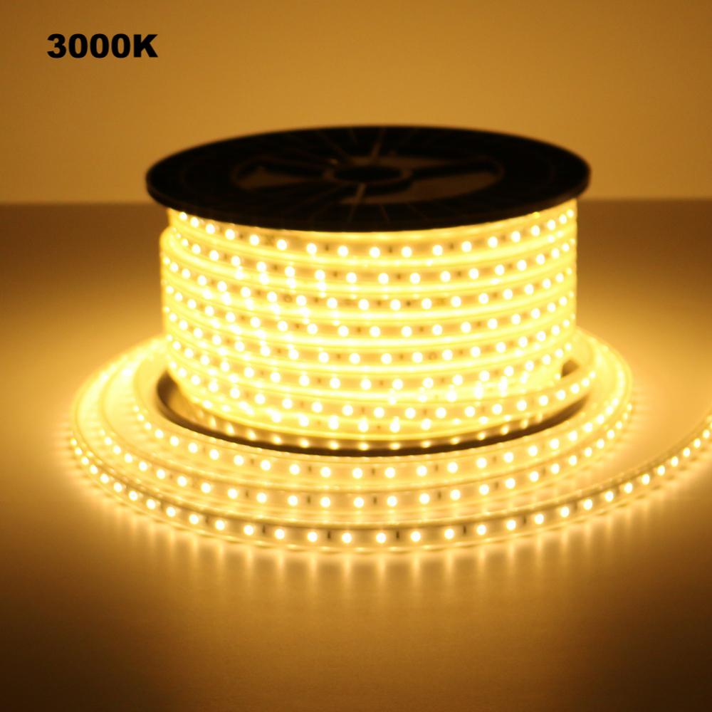 UL listed 110V SMD2835 LED strip light outdoor IP65 showing 3000K warm white lighting effect on LED strip reel