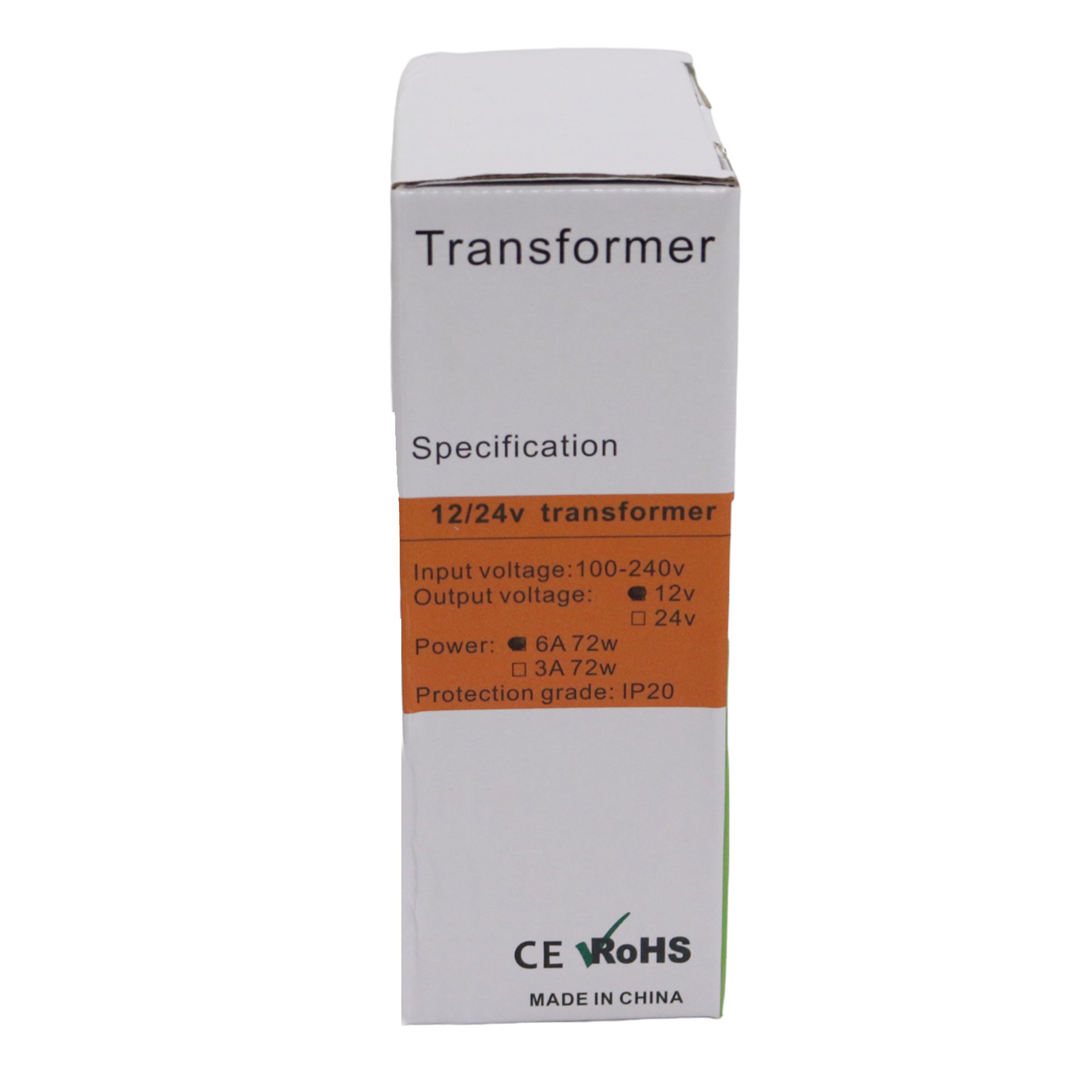 12V 6A LED transformer power supply retail box showing input voltage 100-240V output 72W and IP20 protection rating specifications