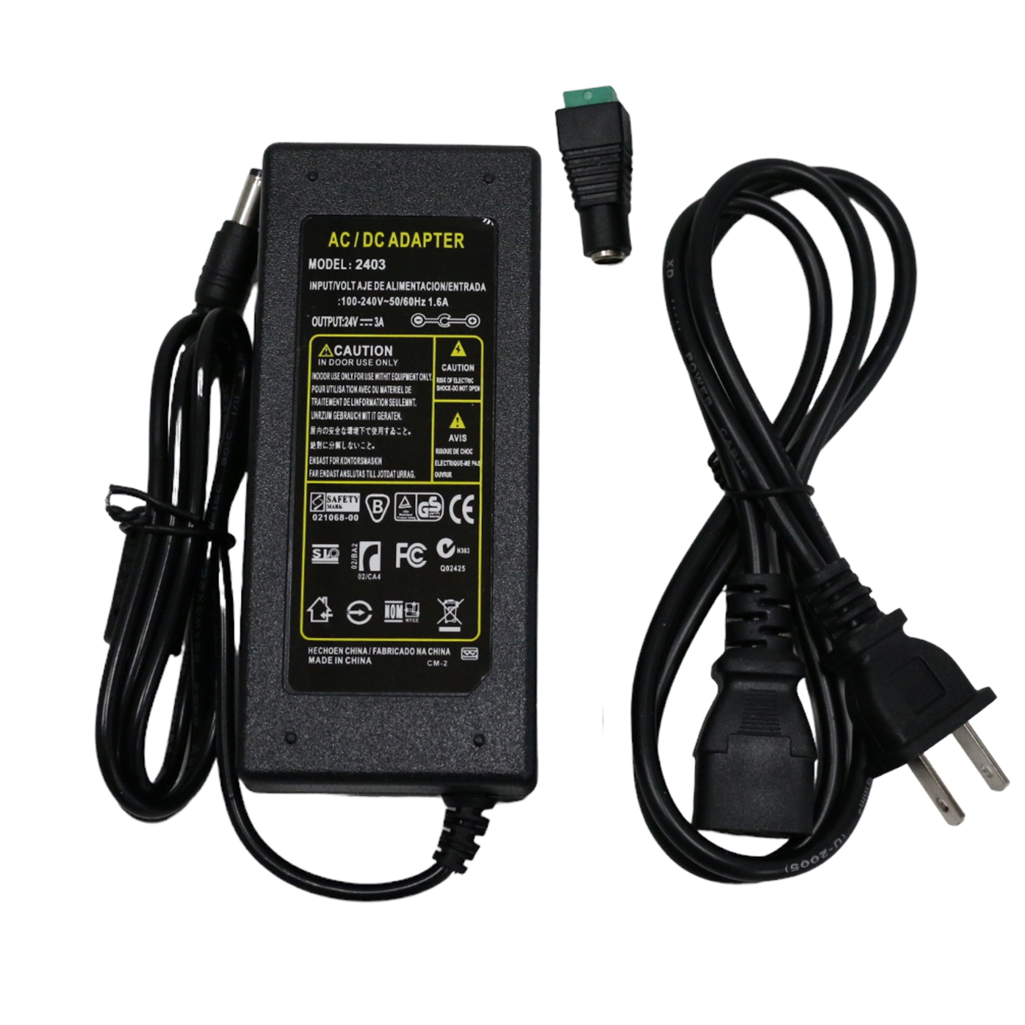 3A 24V 3A LED transformer AC DC adapter showing electrical specifications safety certifications and output rating label
