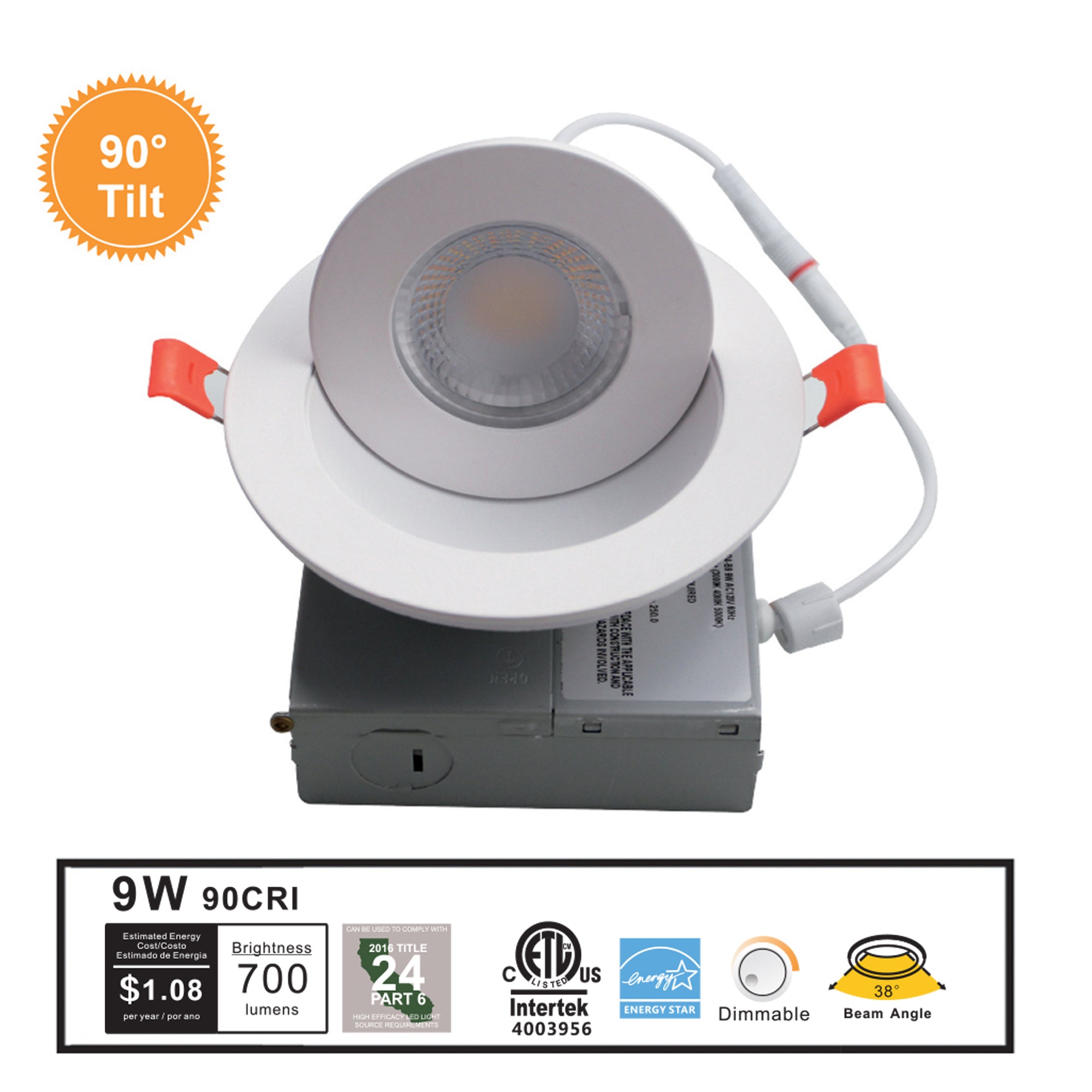 90 degree tilt gimbal LED recessed downlight 9W 700 lumens CRI90 dimmable indoor light with junction box ETL Energy Star and 38 degree beam angle