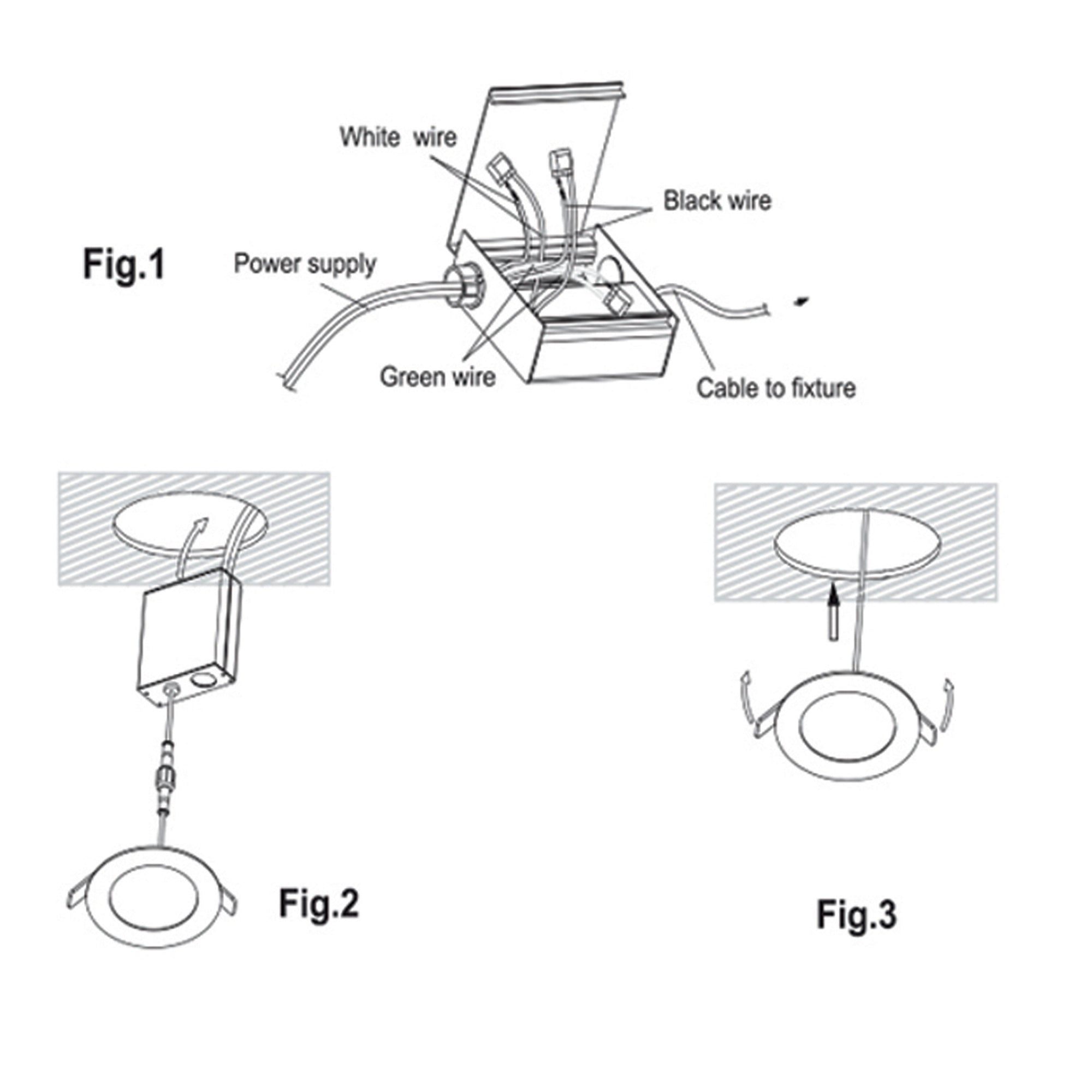 LED recessed downlight indoor installation diagram showing junction box wiring white black green wires power supply and ceiling mounting process