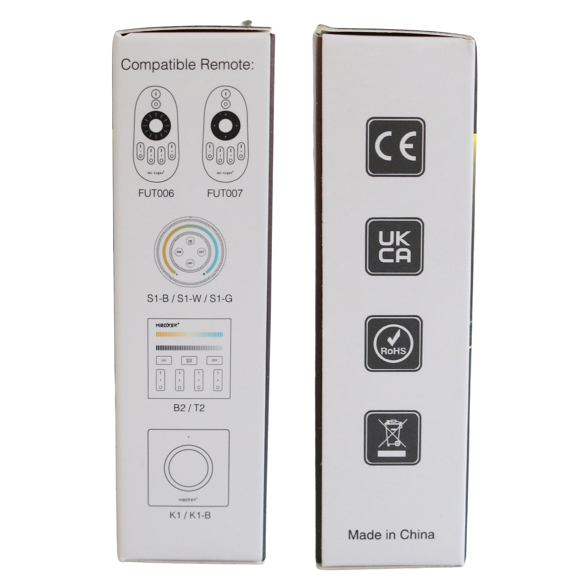 Mi Light FUT007 CCT remote control packaging side view showing compatible remotes and certifications