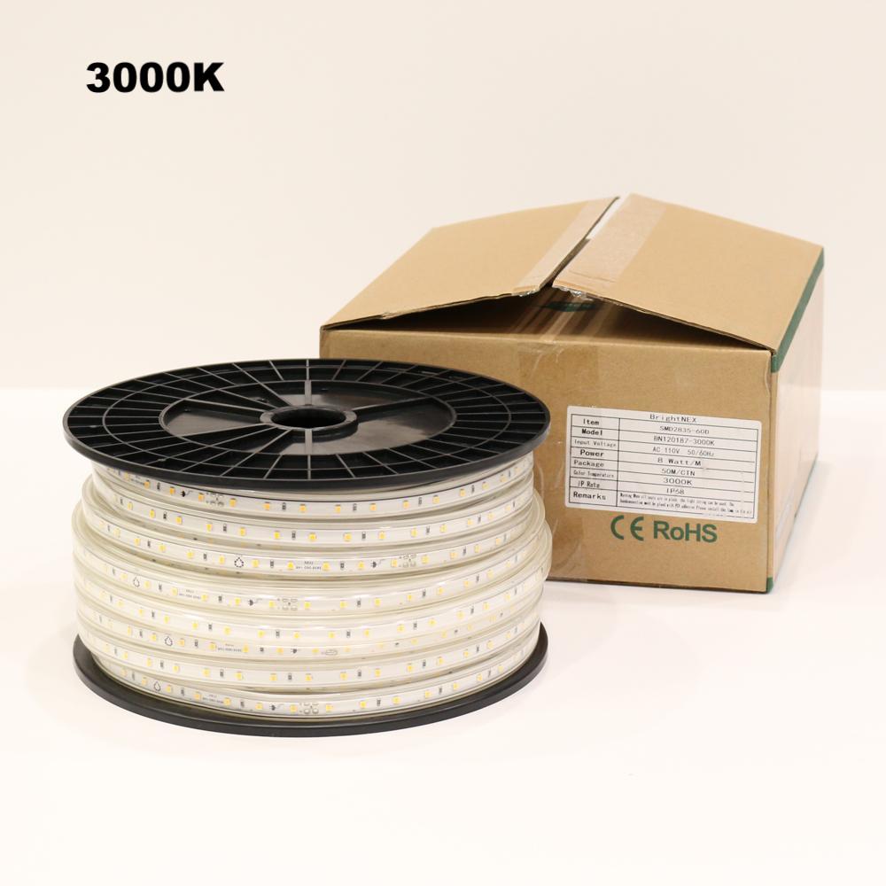 UL listed 110V SMD2835 LED strip light outdoor IP65 showing 3000K warm white strip with product packaging