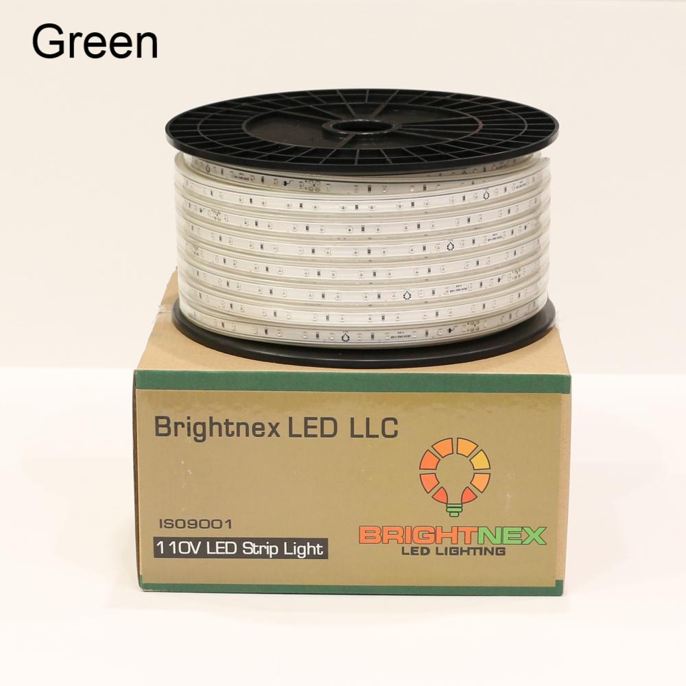 UL listed 110V SMD2835 LED strip light outdoor IP65 showing green color strip on reel with Brightnex LED packaging