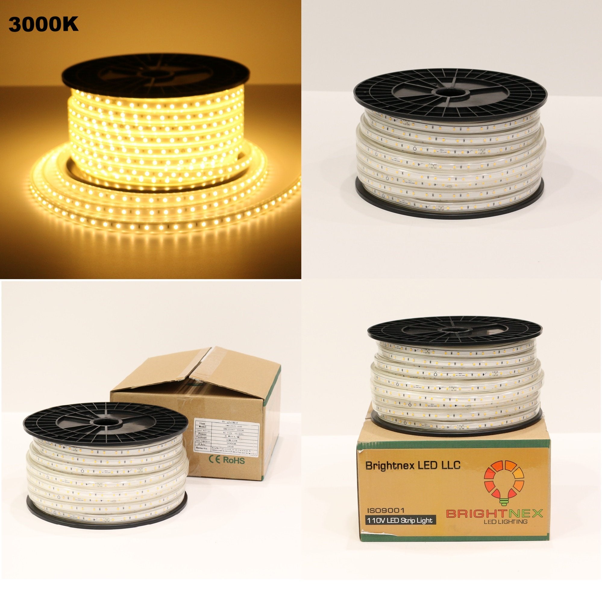 UL listed 110V SMD2835 LED strip light outdoor IP65 showing multiple product images including reel lighting and packaging