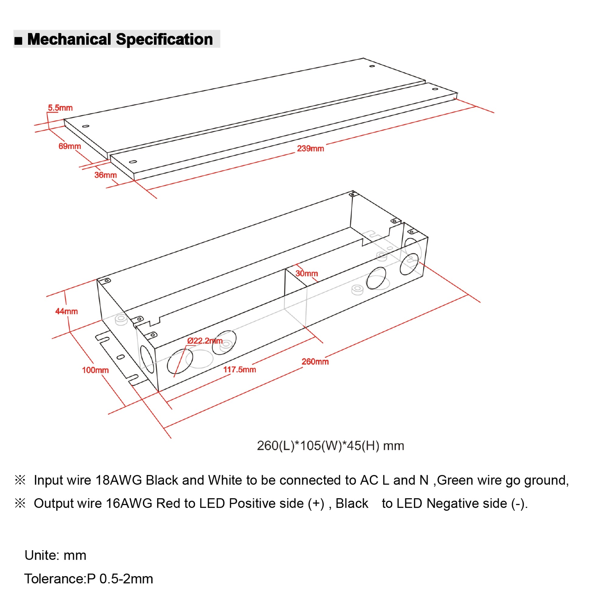 UL listed 12V 24V 150W dimmable LED driver junction box mechanical specification drawing showing enclosure dimensions and knockout sizes