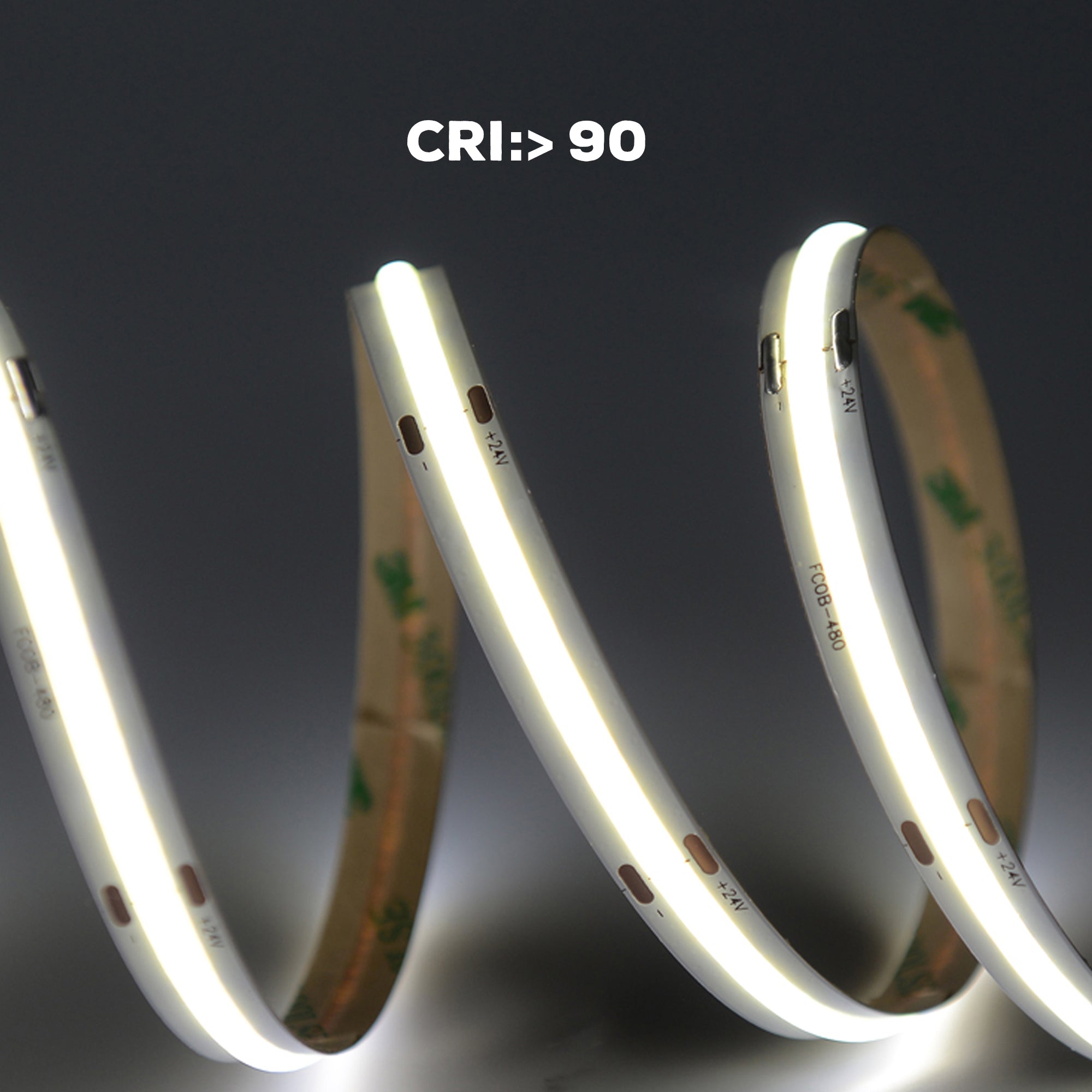 UL listed 24V 10mm indoor COB CCT LED strip light showing CRI greater than 90 high color rendering performance