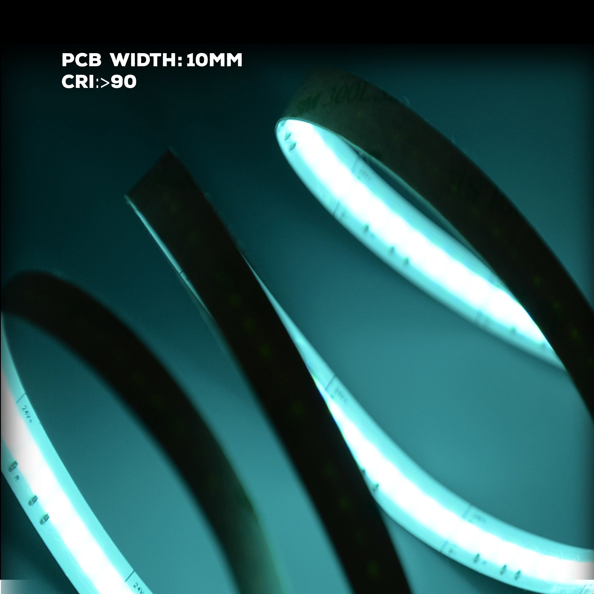 UL listed RGB 24V 10mm indoor COB LED strip light showing PCB width 10mm and CRI greater than 90 lighting performance