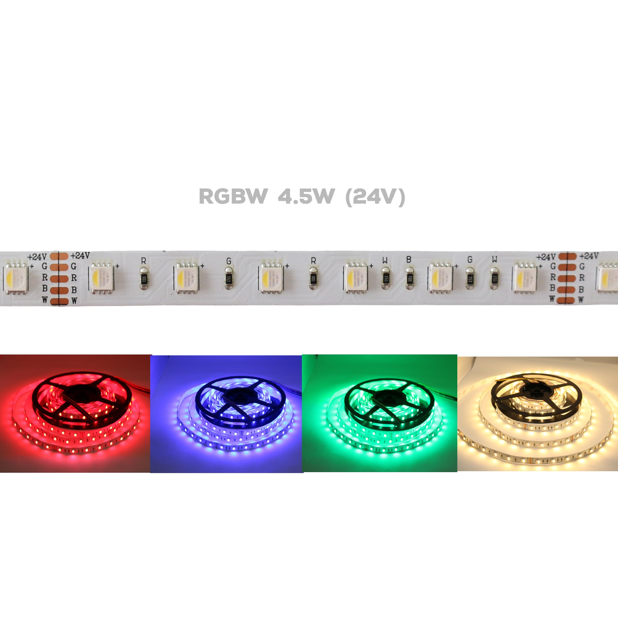 UL listed RGBW 24V LED strip light showing red green blue and white color lighting effects for indoor applications