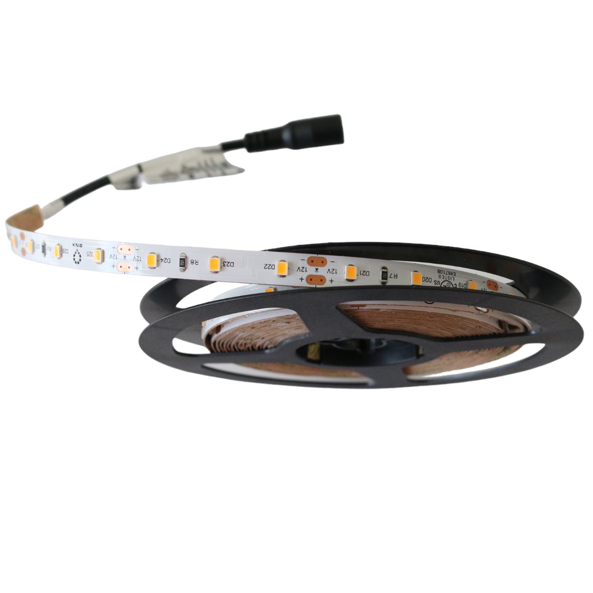 UL listed single color LED strip light 12V 24V showing LED strip reel with DC connector for indoor lighting installation