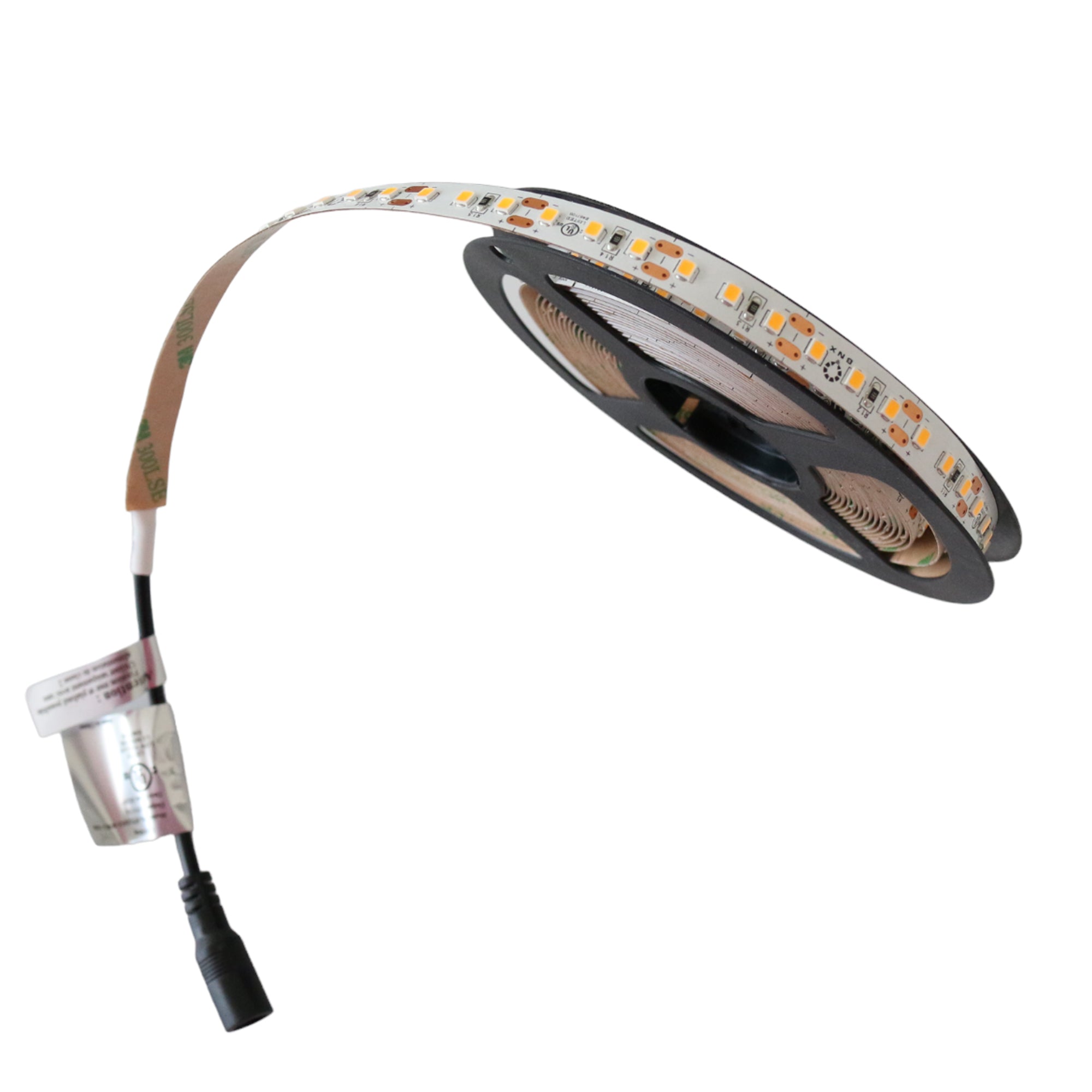 UL listed single color LED strip light 3.5W 12V 24V showing LED strip reel with power connector for indoor lighting use