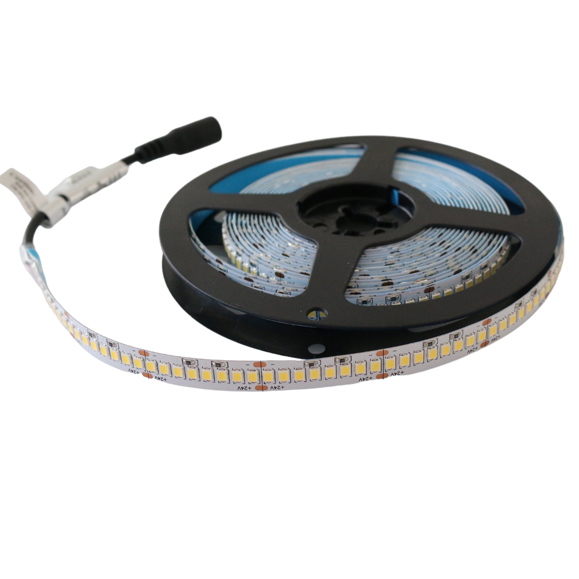 UL listed single color LED strip light 7.7W 24V showing LED strip reel with power connector for indoor lighting applications