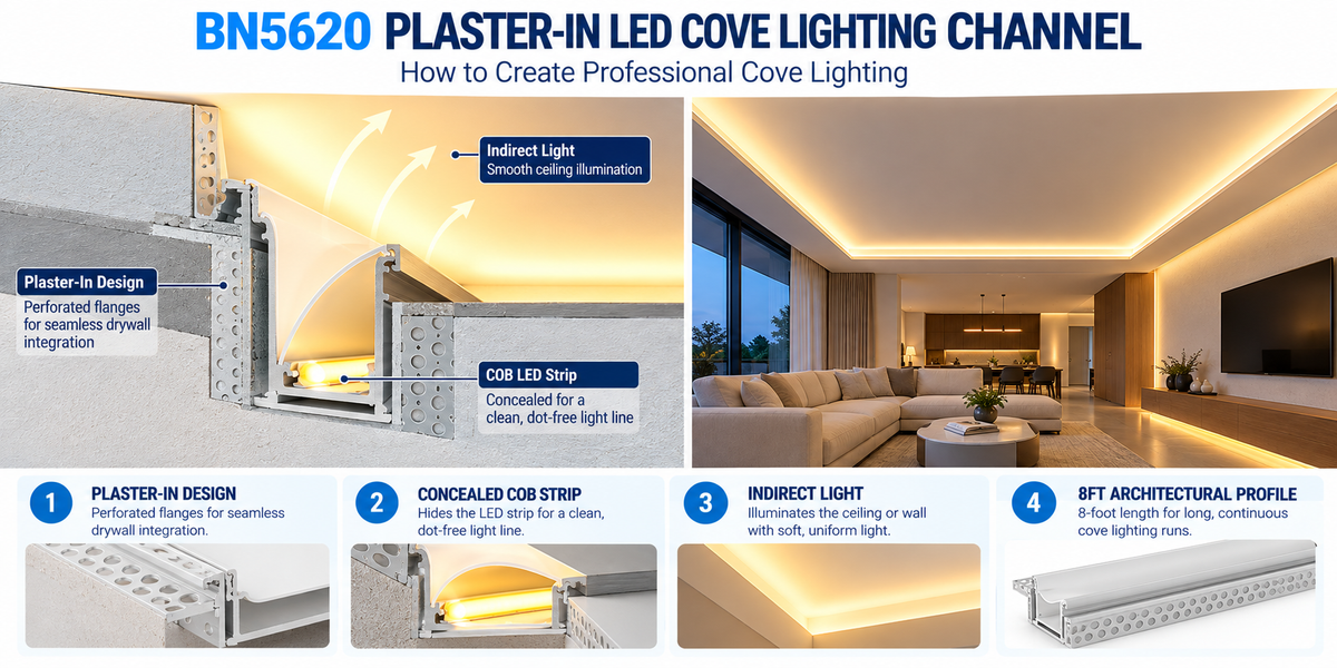 BN5620 plaster-in LED cove lighting channel installed in drywall with concealed COB LED strip creating smooth indirect ceiling illumination.