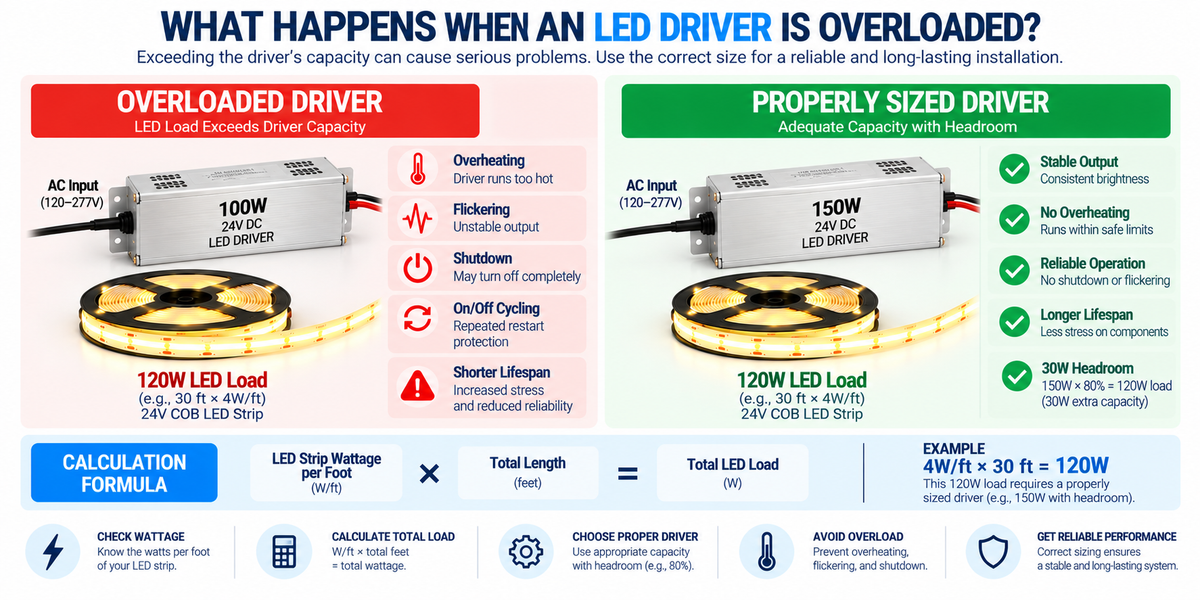 LED driver overload infographic showing an undersized driver powering excessive COB LED strip load and causing overheating, flickering, shutdown, and protection cycling.