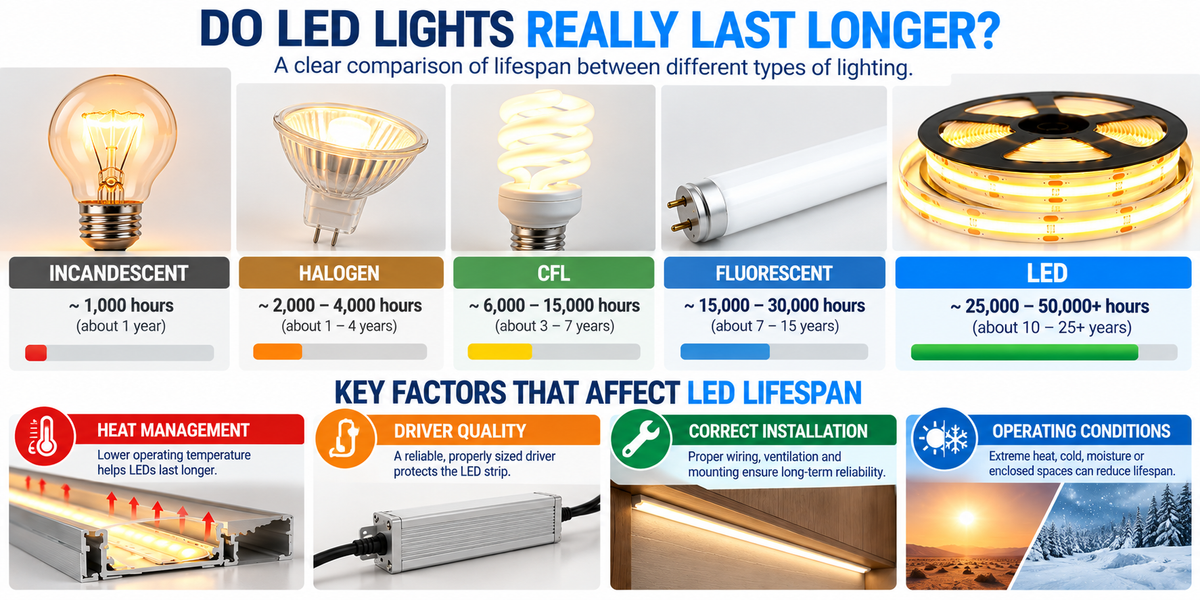LED lifespan comparison showing LED lighting lasting significantly longer than incandescent, halogen, CFL, and fluorescent lighting.