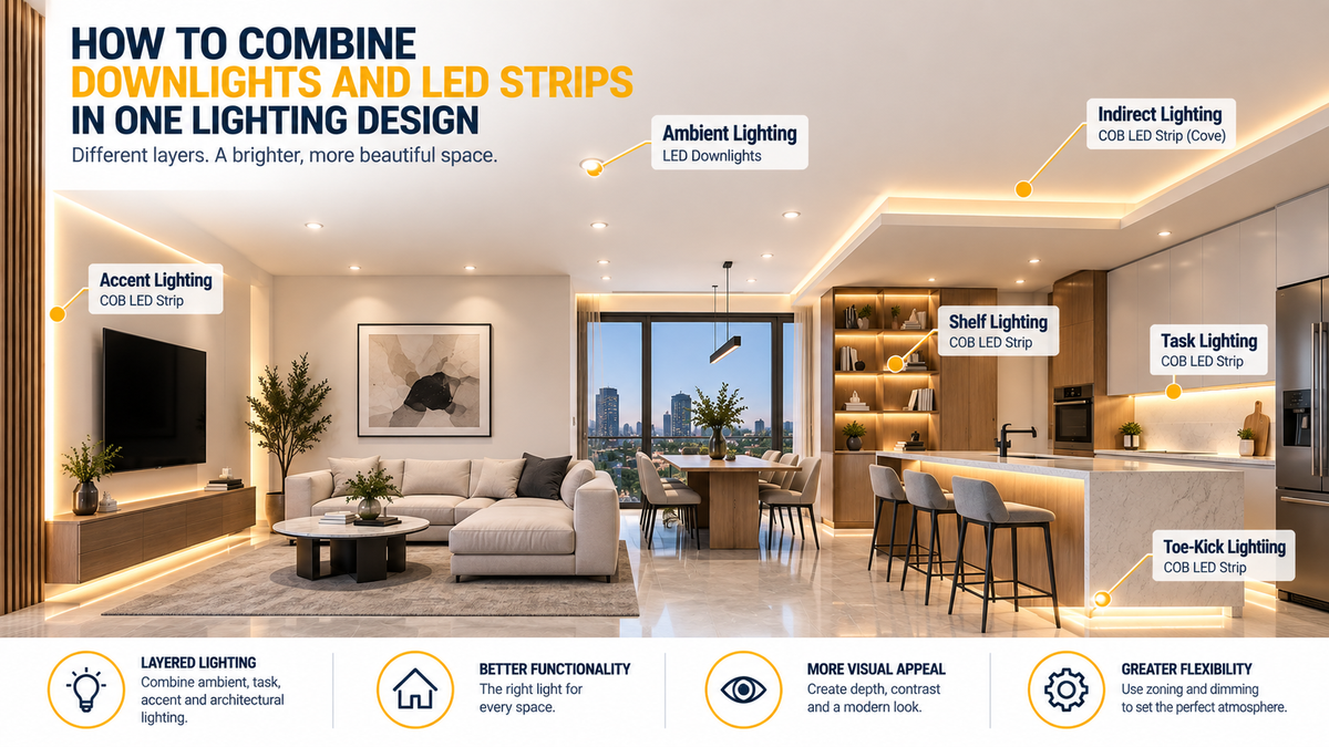 Modern commercial interior combining LED downlights with COB LED strip cove, shelf, and accent lighting to demonstrate layered lighting design.