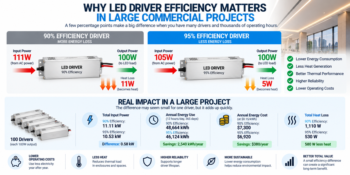 Comparison of efficient and inefficient LED drivers showing input power, LED output, heat loss, energy consumption, and cost impact in large commercial lighting projects.