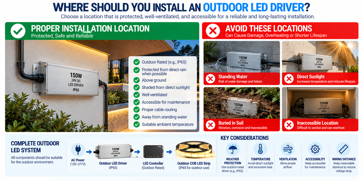 Outdoor LED driver installation infographic showing a protected IP65 driver mounted above ground in a shaded, ventilated, accessible location near outdoor COB LED lighting.