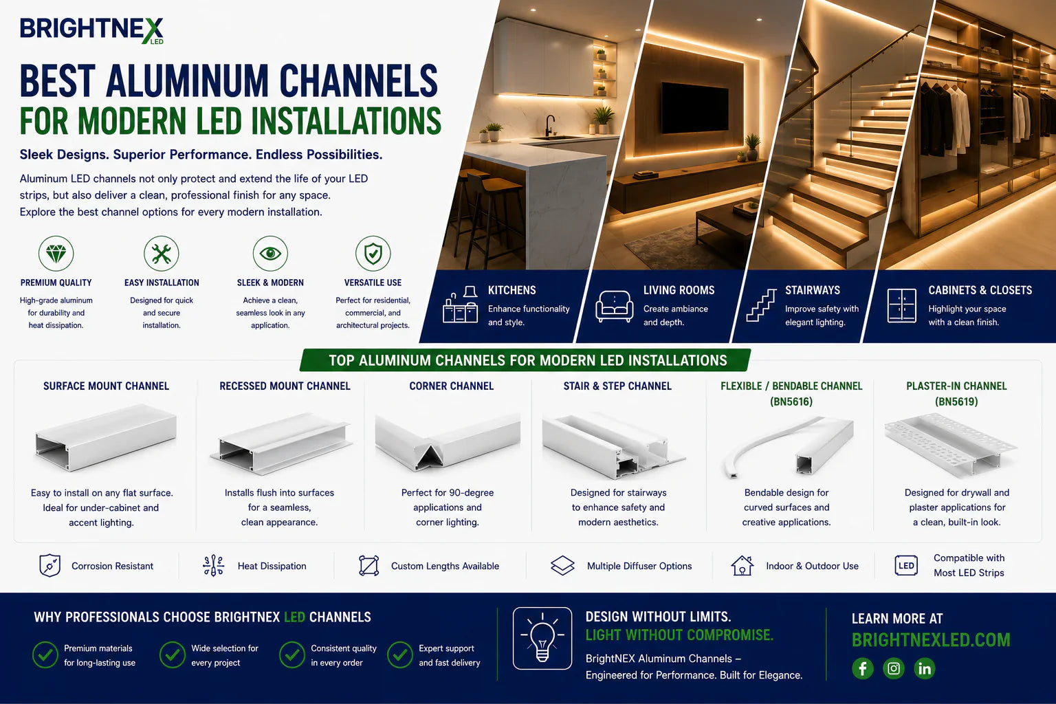 Various aluminum LED channels including surface mount, recessed, corner, and trimless profiles used in modern architectural lighting installations.