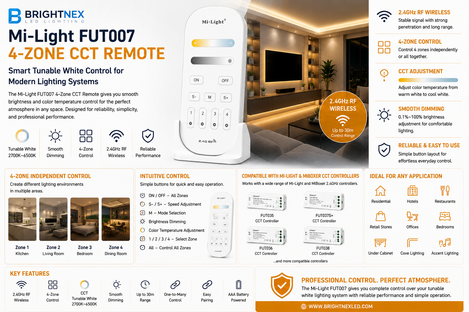 Mi-Light FUT007 4-zone CCT remote controlling tunable white LED strip lighting with adjustable brightness and color temperature.