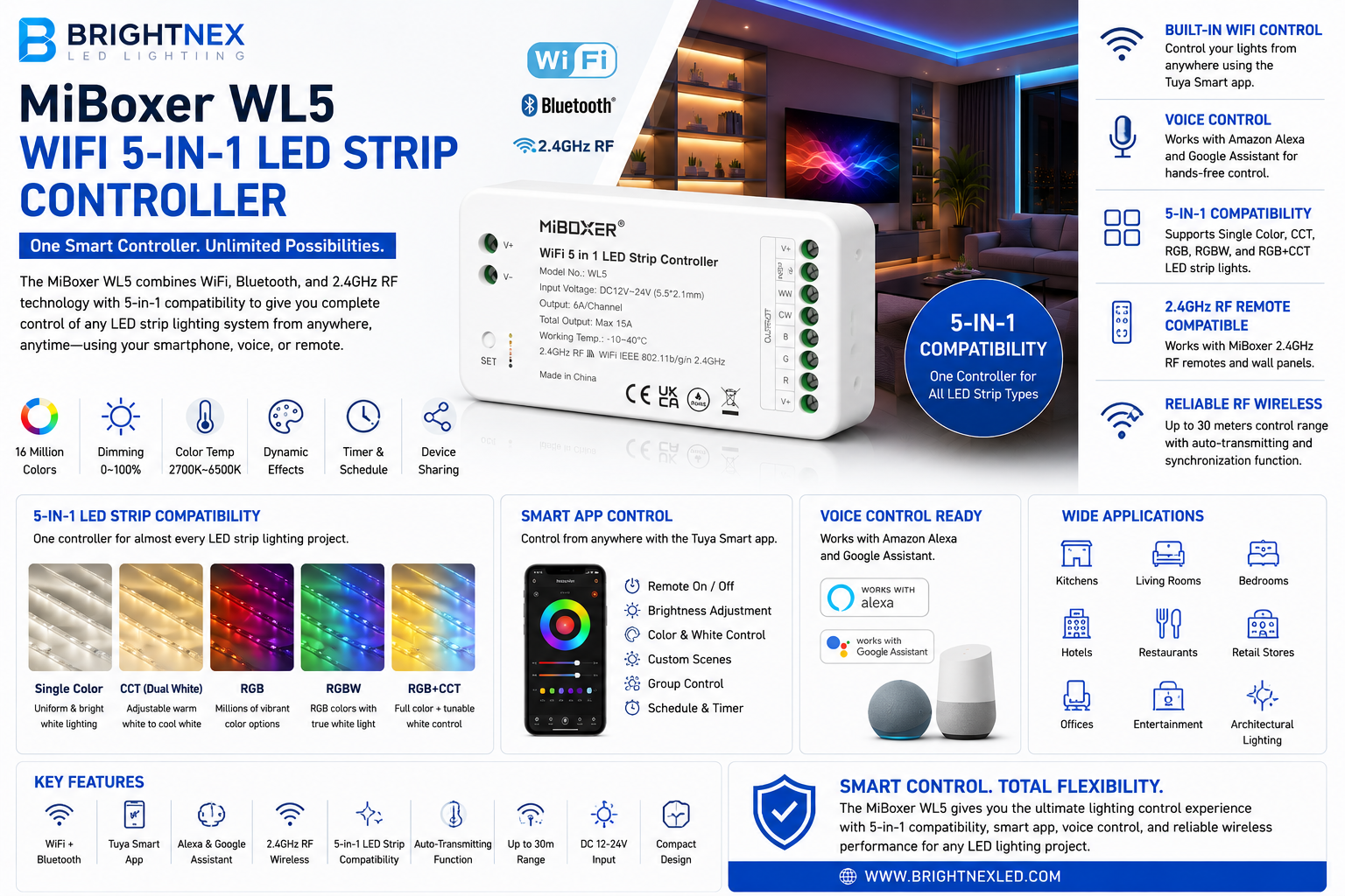 MiBoxer WL5 WiFi 5-in-1 LED strip controller for smart LED lighting with app and RF remote control.