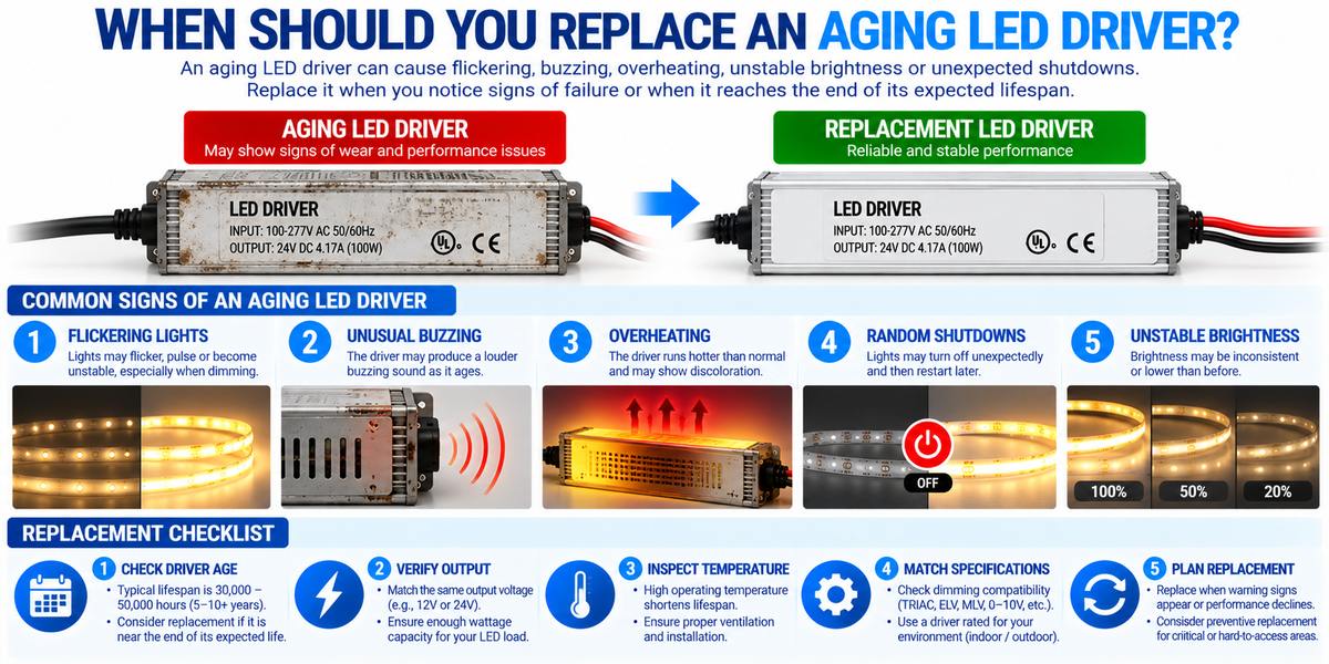 Comparison of an aging LED driver and a replacement LED driver showing warning signs including flickering, overheating, buzzing, repeated shutdowns, and physical deterioration.
