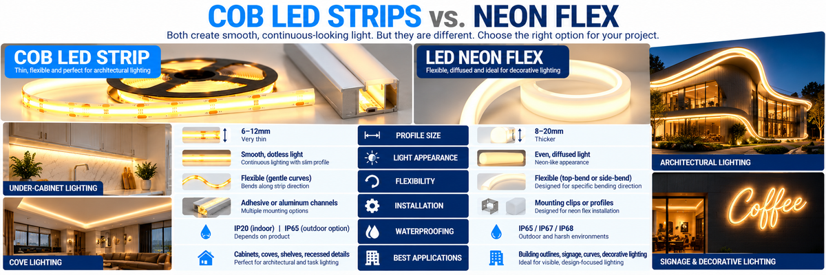 COB LED strip lights vs. LED Neon Flex comparison showing construction, light appearance, flexibility, installation, waterproofing, and architectural applications.