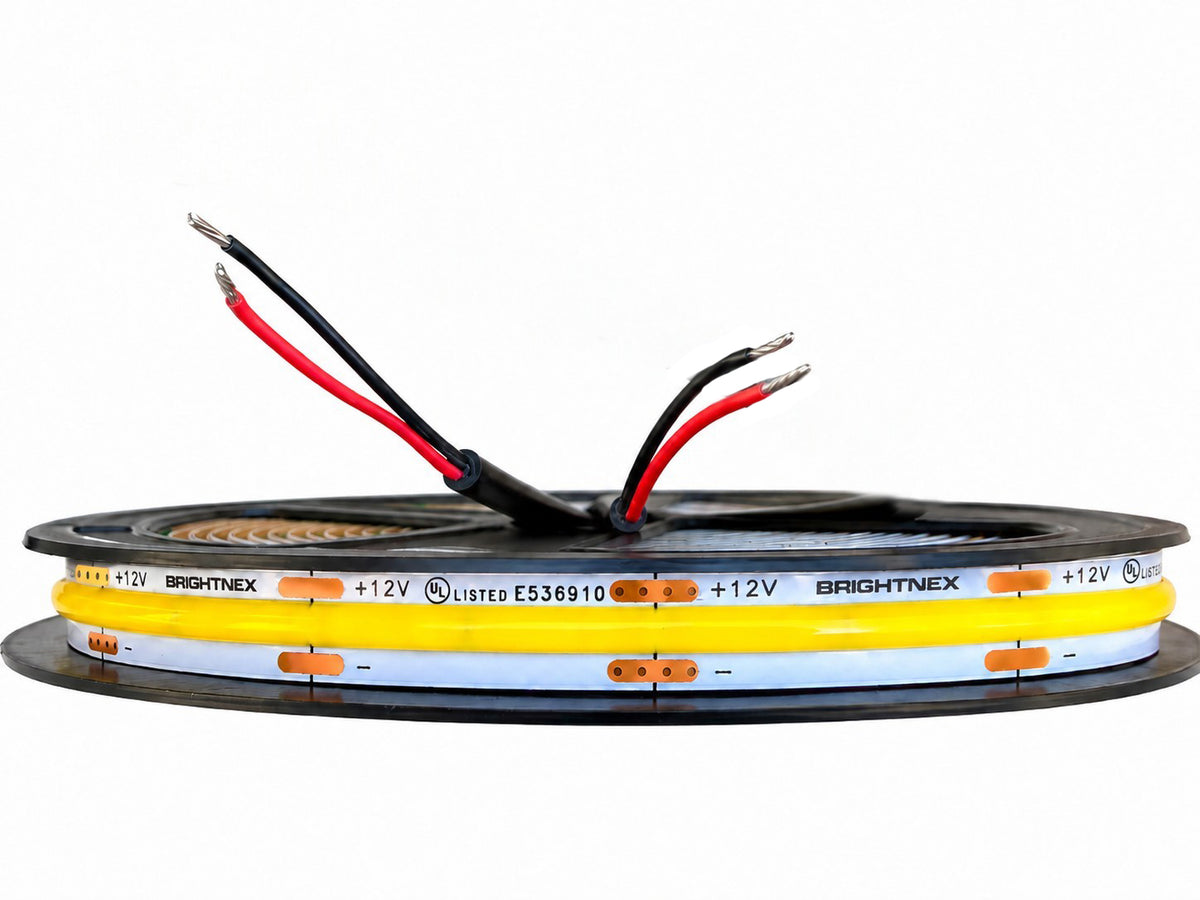 12V COB 8mm LED strip light rolls with red and black power wires UL listed flexible tape lighting in yellow and white