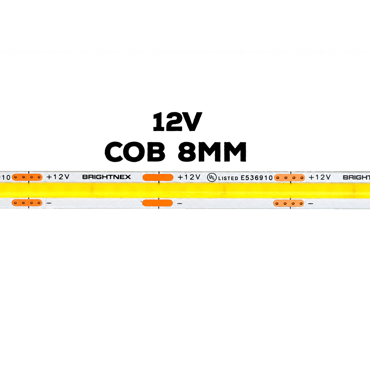 12V COB 8mm LED strip light close-up showing UL listed flexible tape, cut points and positive and negative connections