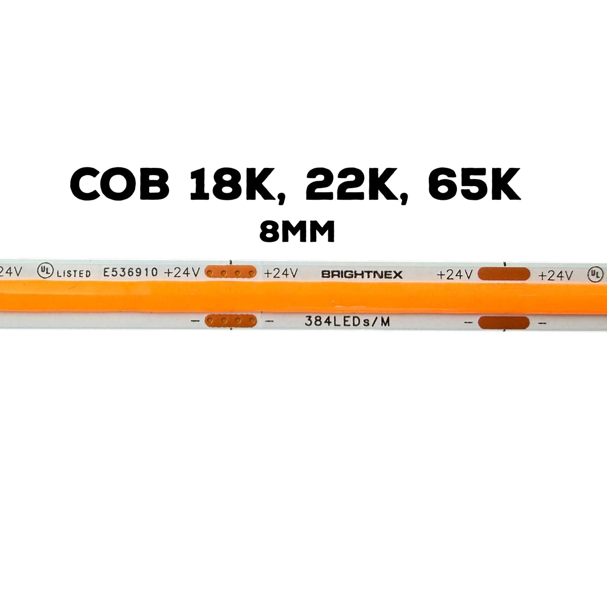 24V 8mm COB LED strip light available in 1800K amber, 2200K warm white and 6500K cool white color temperatures