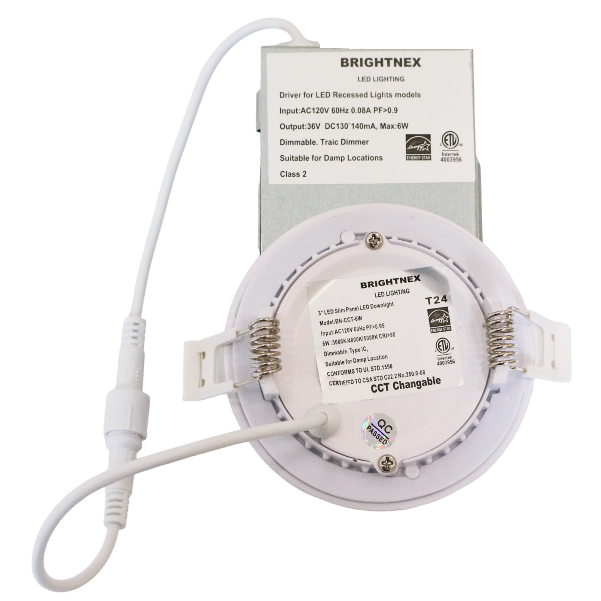 3 inch LED recessed downlight white trim back view showing junction box driver connector spring clips dimmable CRI90 indoor ceiling light