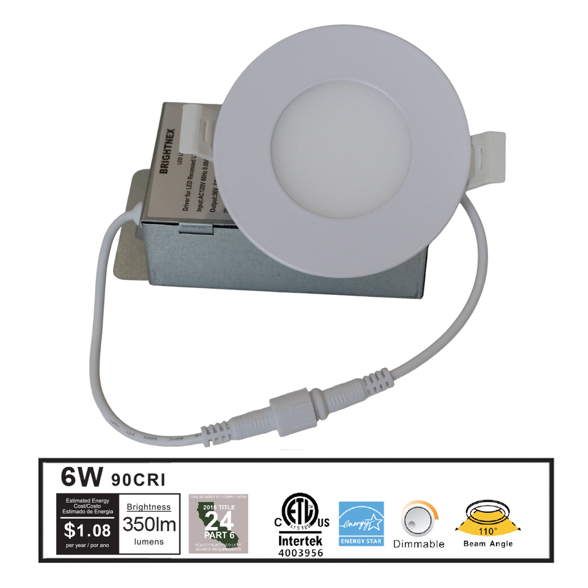 3 inch white trim LED recessed downlight 6W 350 lumens CRI90 dimmable indoor light ETL Energy Star with 110 degree beam angle and junction box