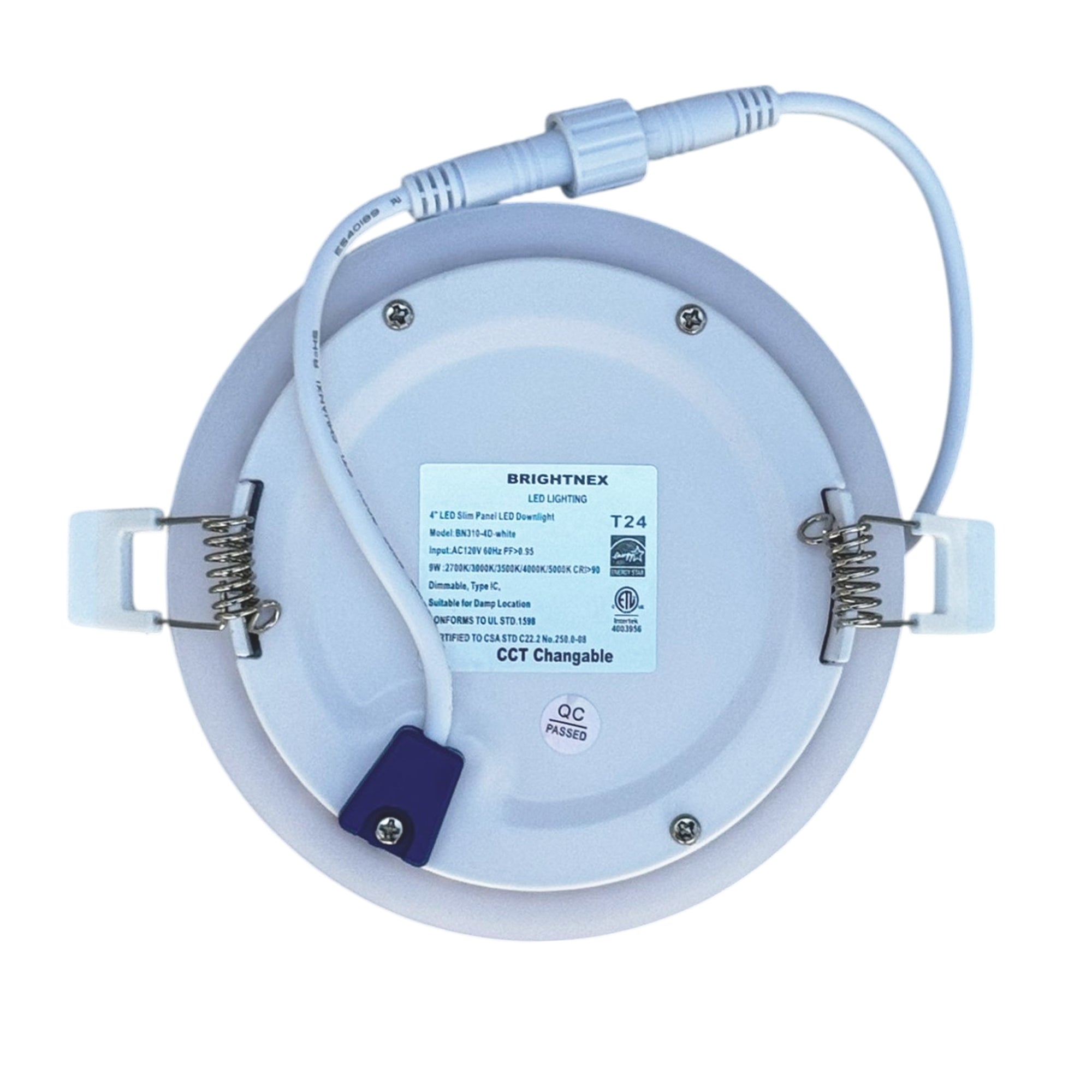 4 inch flat slim LED panel downlight back view showing spring clips junction box connector cable CRI90 dimmable indoor recessed light