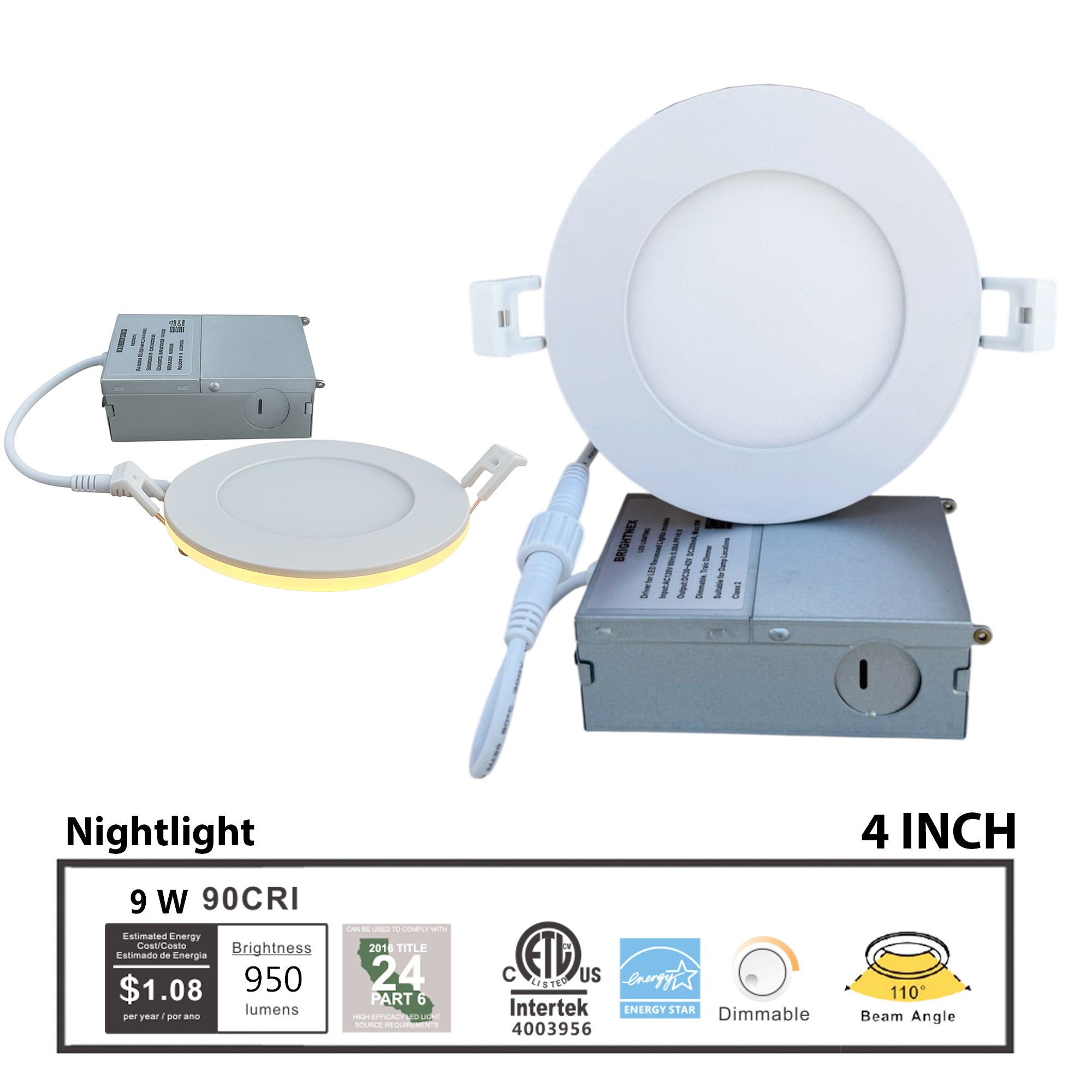 4 inch 9W dimmable LED recessed downlight with nightlight feature 950 lumens CRI90 ETL Energy Star certified indoor ceiling light