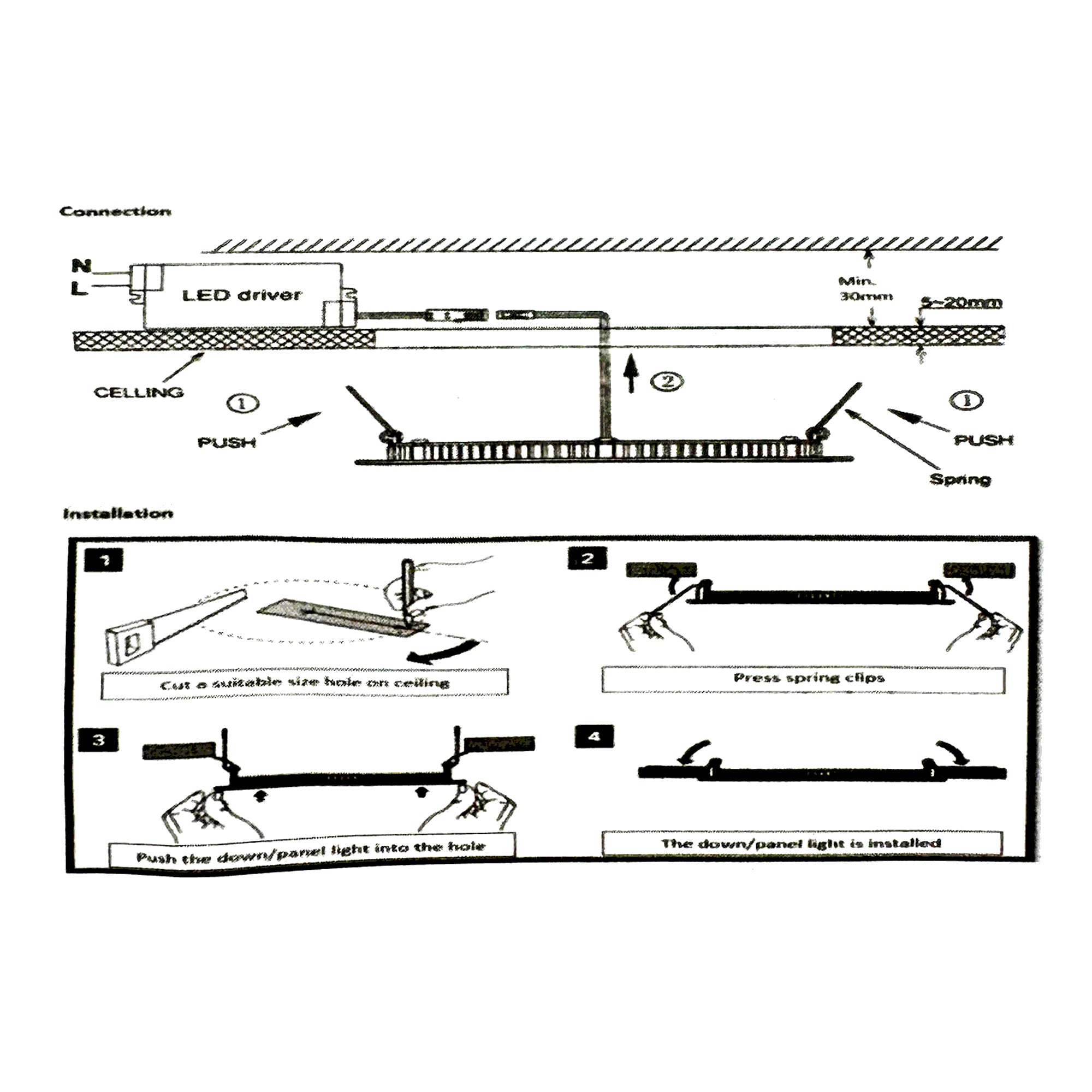 4 inch LED recessed downlight installation diagram showing ceiling cutout driver placement and spring clip mounting steps
