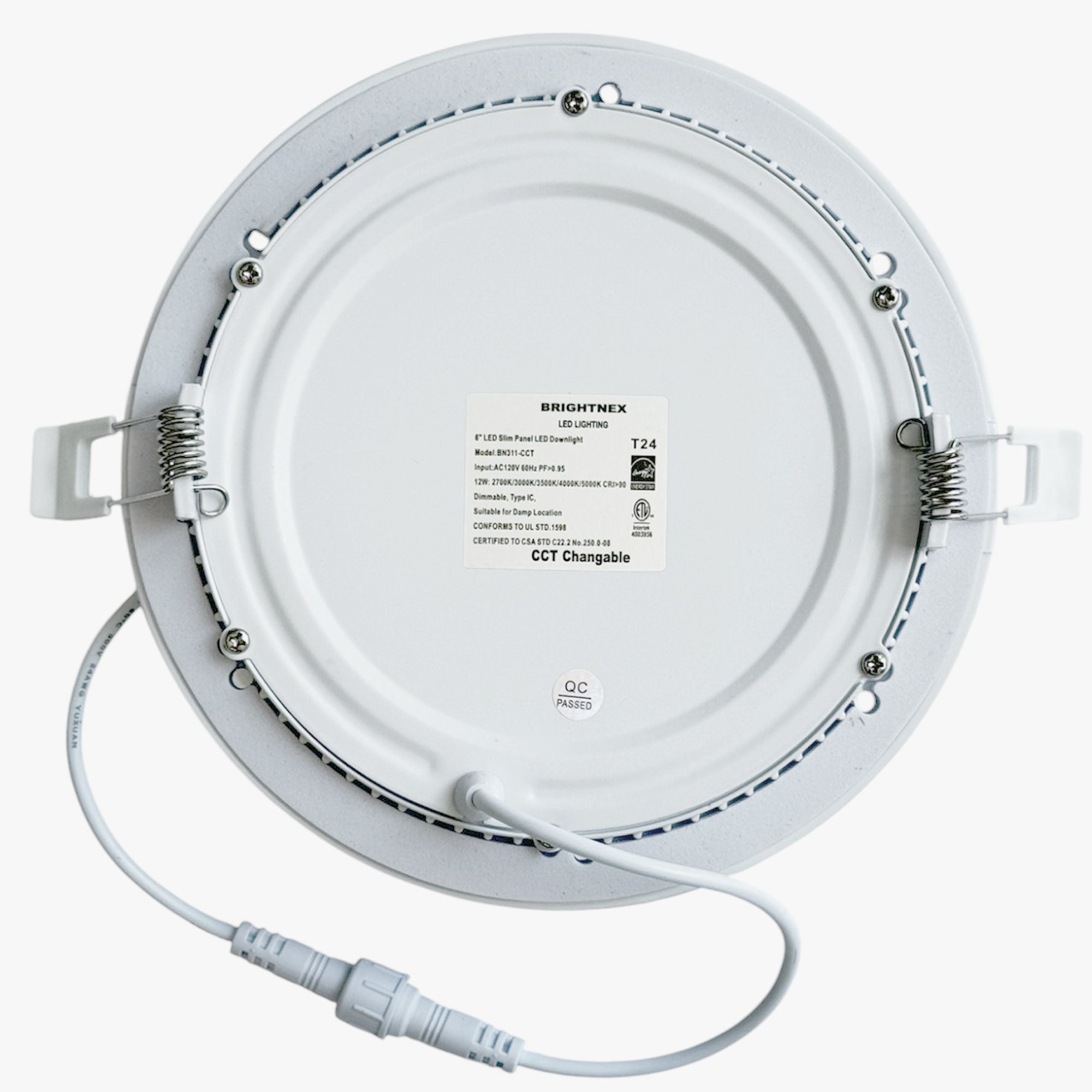 6 inch flat slim dimmable LED panel downlight back view showing spring mounting clips connector cable and product label indoor use