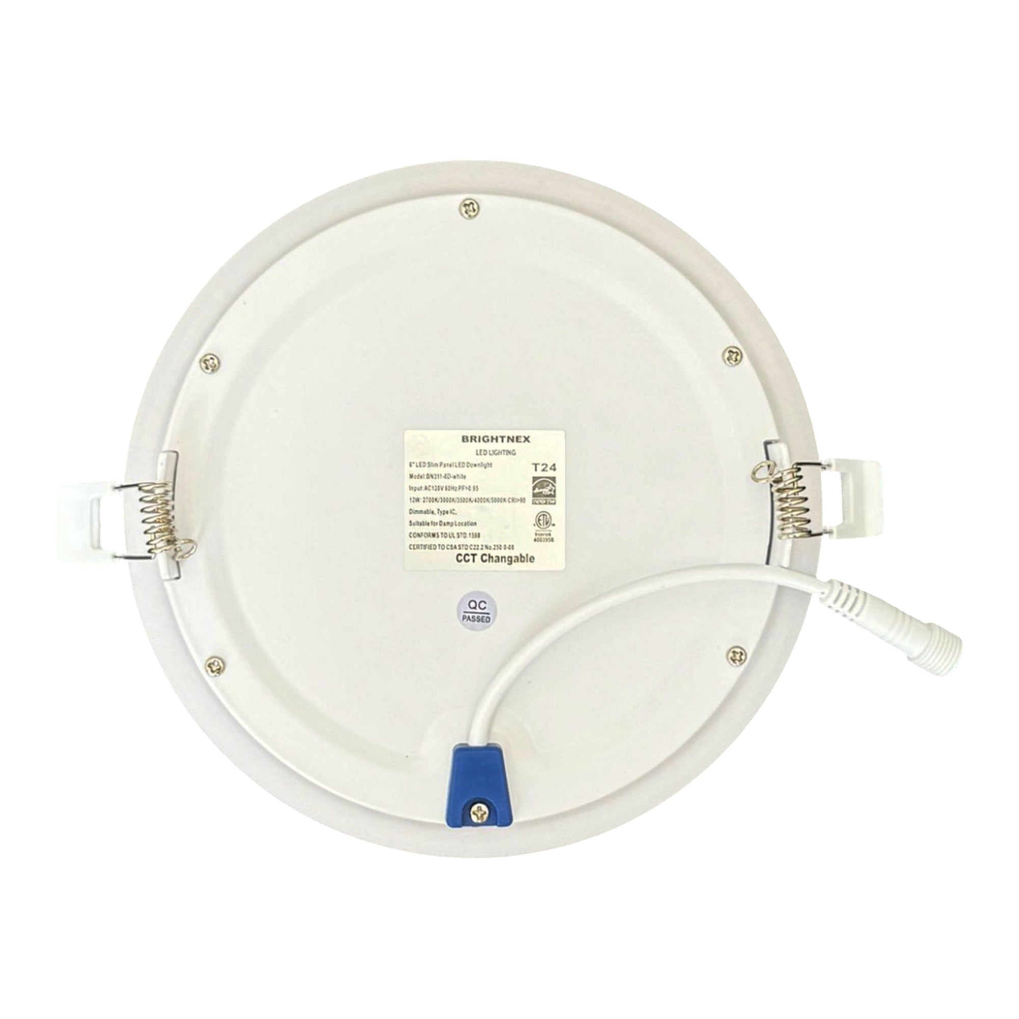 6 inch dimmable LED recessed downlight back view showing spring clips junction cable and product certification label