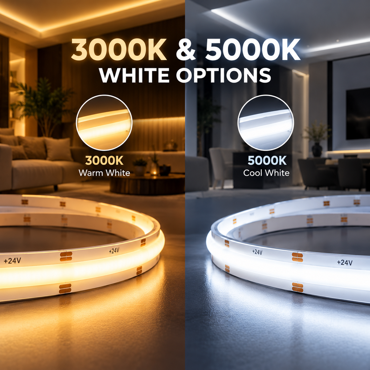 RGBW COB LED Strip Light – 24V, 12mm – Dimmable – 3000K & 5000K – Dotless –16.5ft, 48ft & 82ft - UL Certified – Indoor