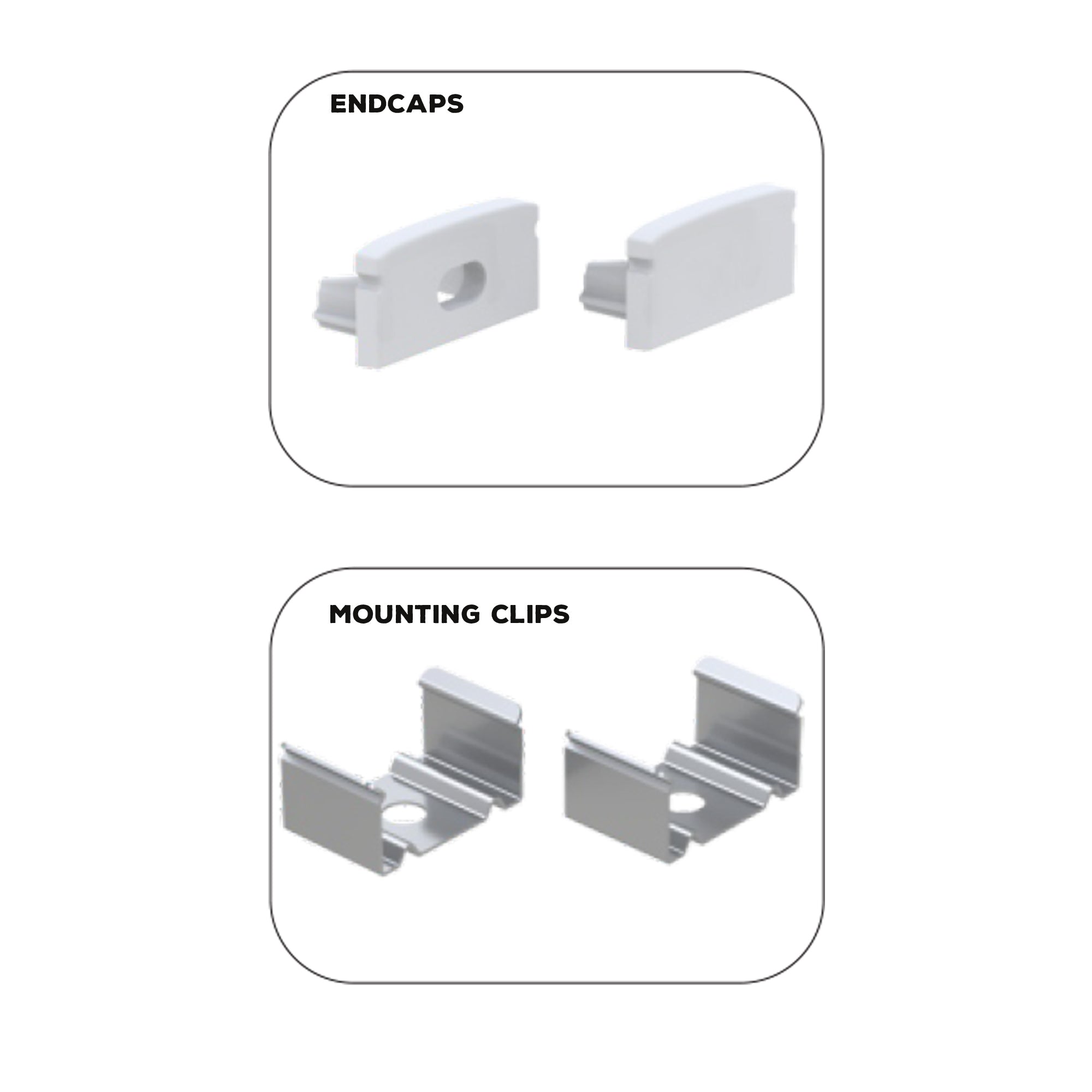 Black LED aluminum channel end caps and mounting clips for indoor LED strip installation