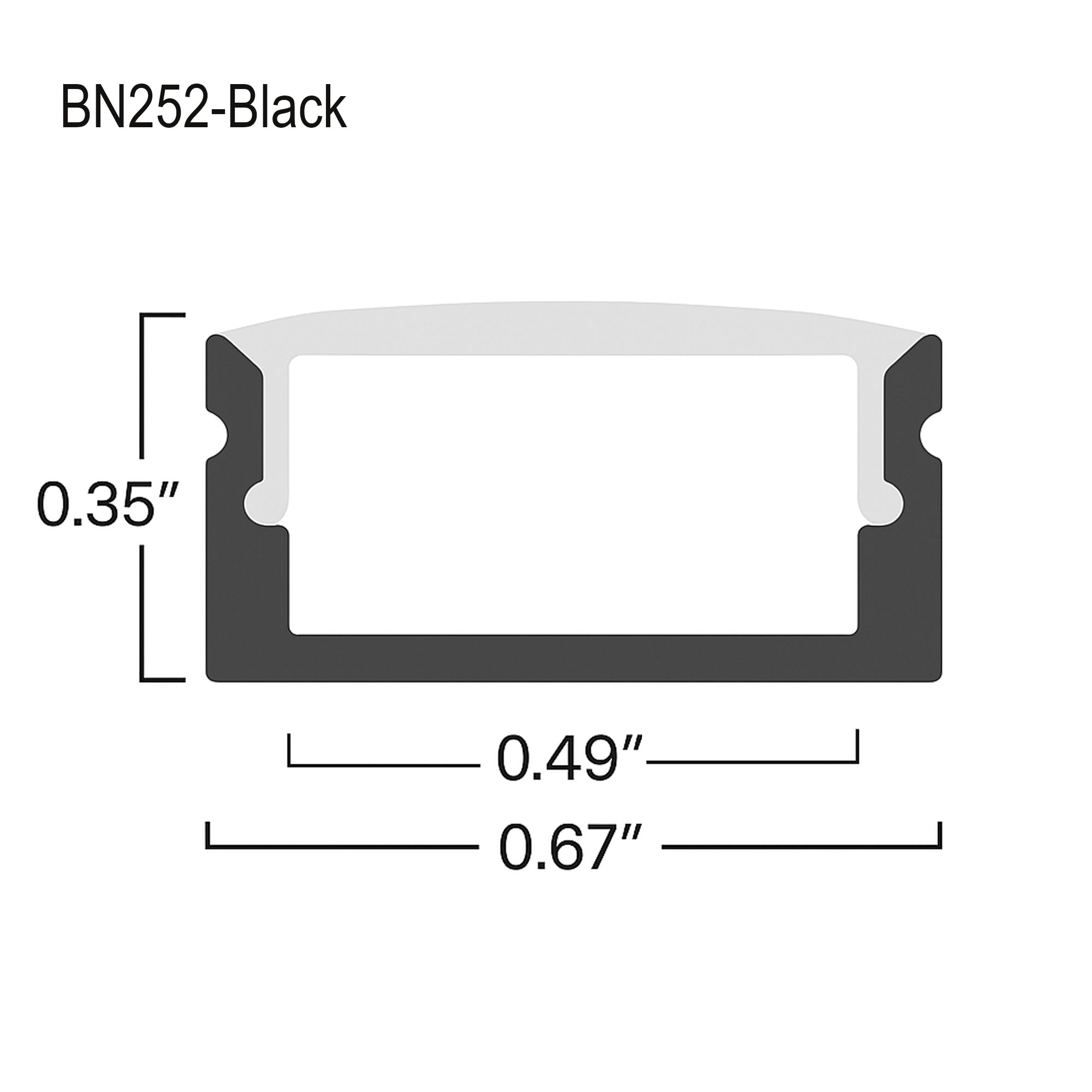 Black indoor LED aluminum channel technical drawing showing profile dimensions for LED strip installation