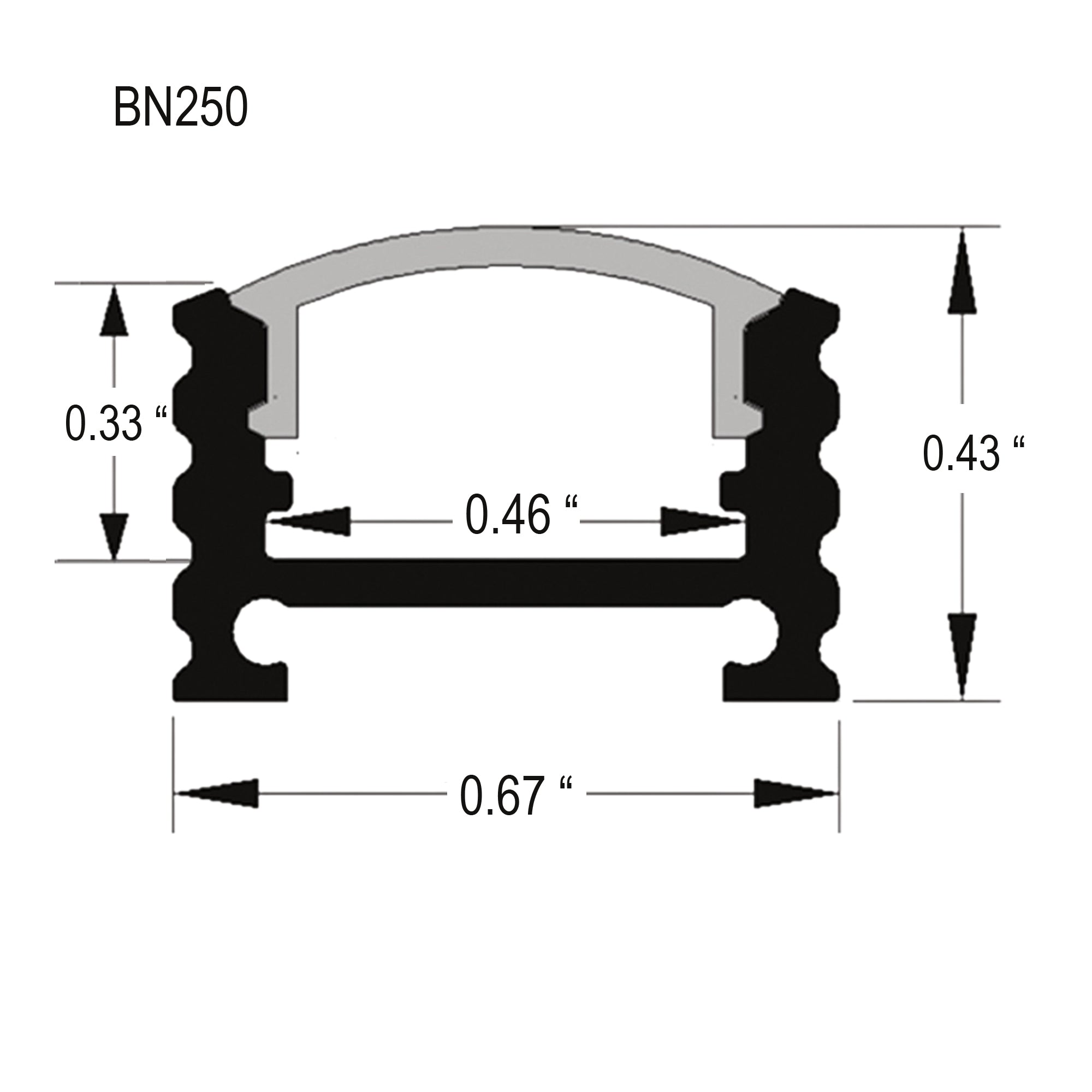 BN250 LED aluminum profile technical drawing with dimensions for LED strip channel