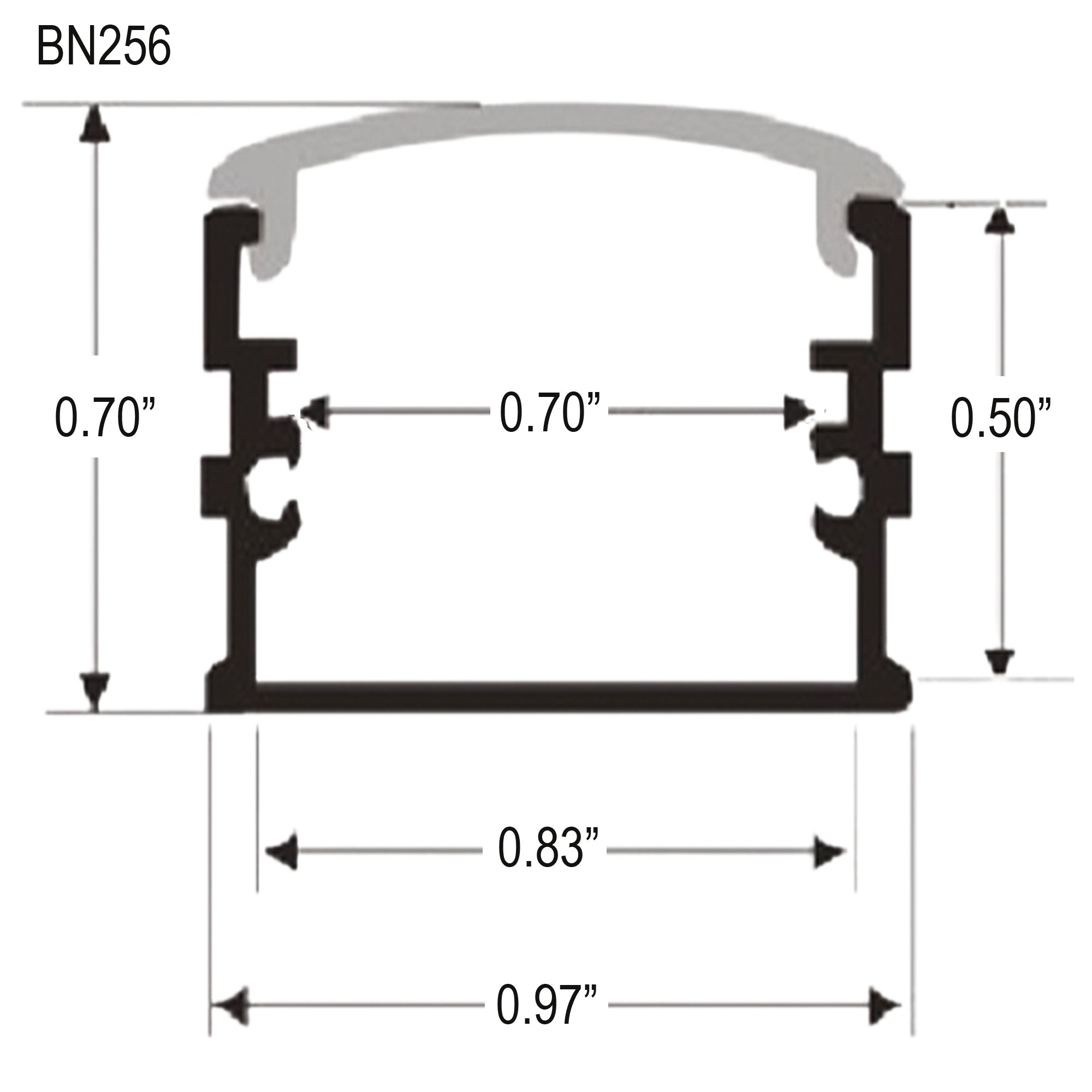 BN256 LED aluminum profile technical drawing with dimensions for LED strip channel