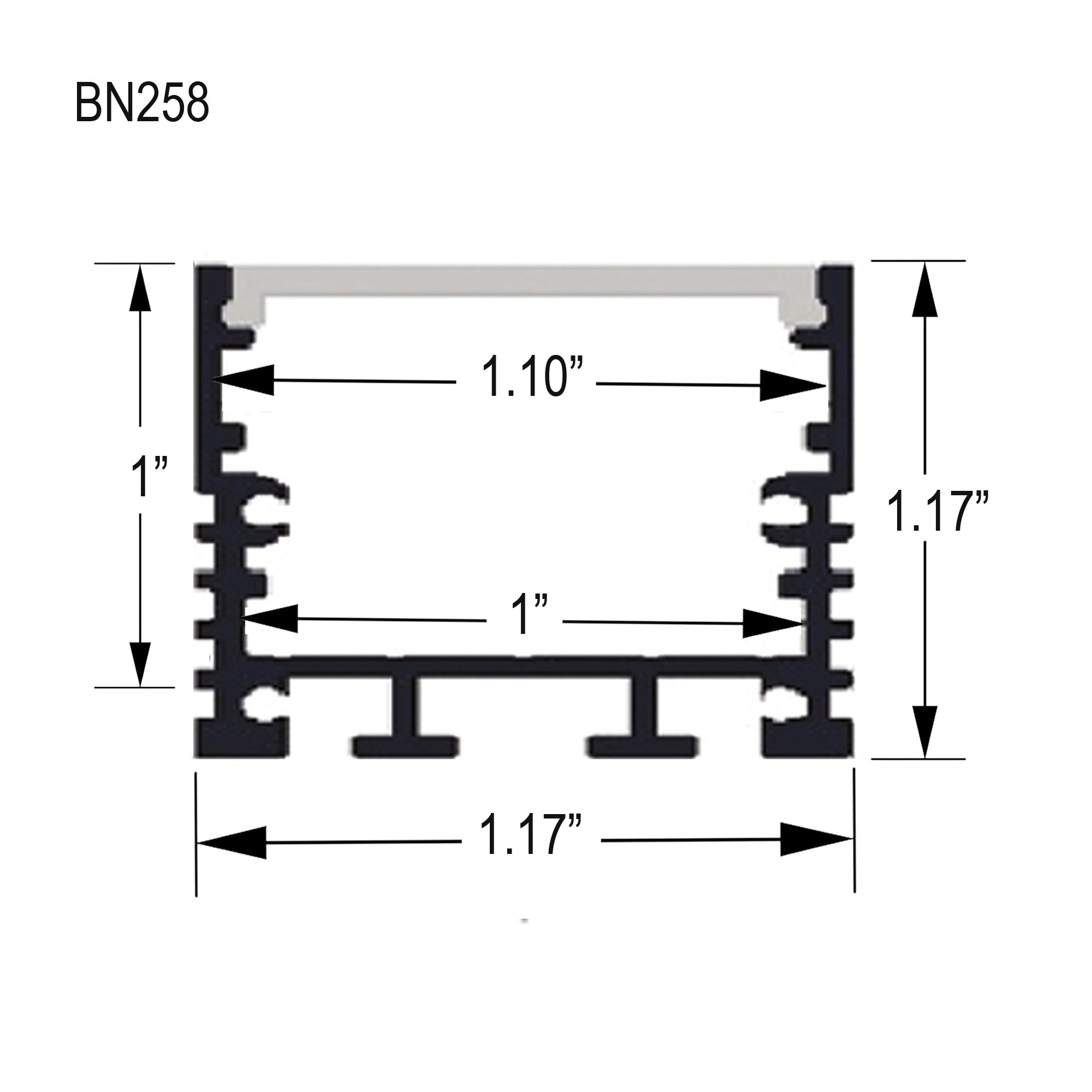 BN258 LED aluminum profile technical drawing with dimensions for suspension LED lighting channel